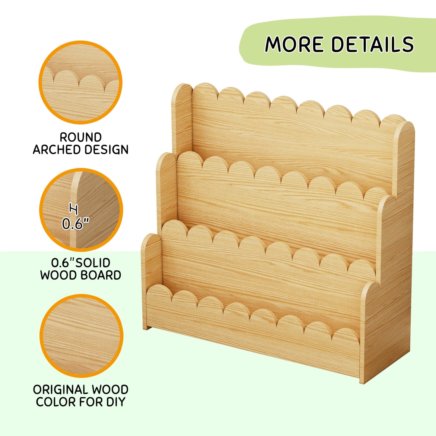 HADAMUYE 3-Tier Kids Bookshelf, Scalloped Montessori Bookshelf for Toddler and Baby, Small Childrens Bookcase, Solid Wood Book Shelf for Kids Room, Nursey, Playroom and Classroom, Natural
