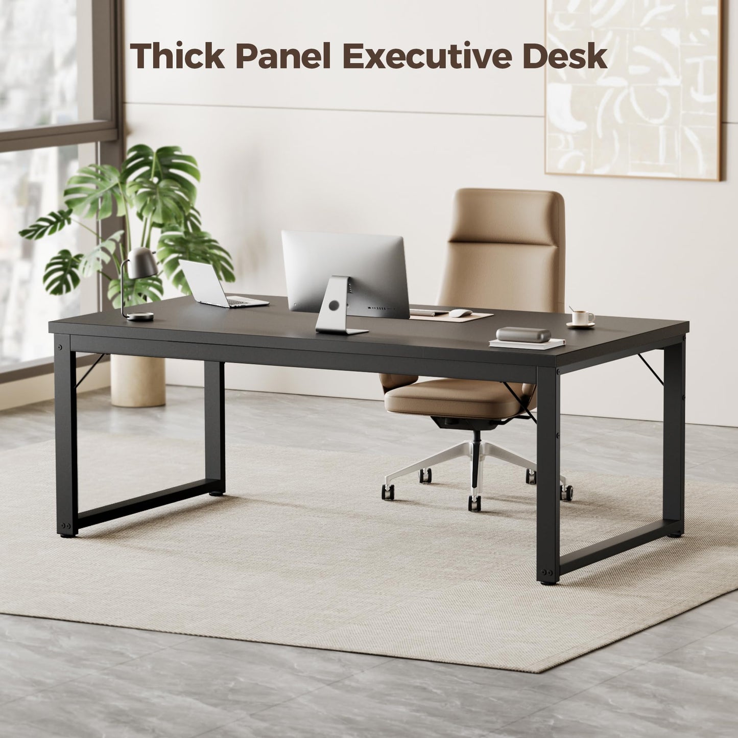 Mericonia 40 Inch Computer Desk, 1" Thick Modern Simple Study Writing Table, Heavy Duty Industrial Office Desk for Home Bedroom Workstation, Black