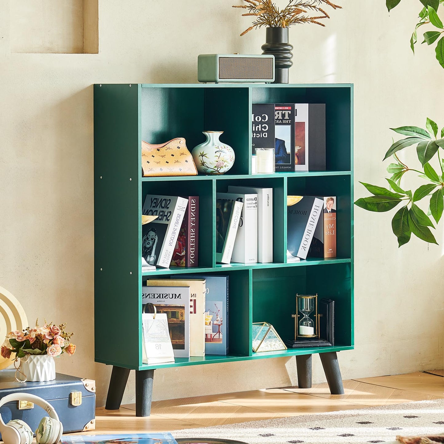 LEYAOYAO Cube Bookshelf 3 Tier Mid-Century Dark Green Modern Bookcase with Legs,Retro Wood Bookshelves Storage Organizer Shelf,Freestanding Open Book Shelves for Bedroom,Living Room,Office