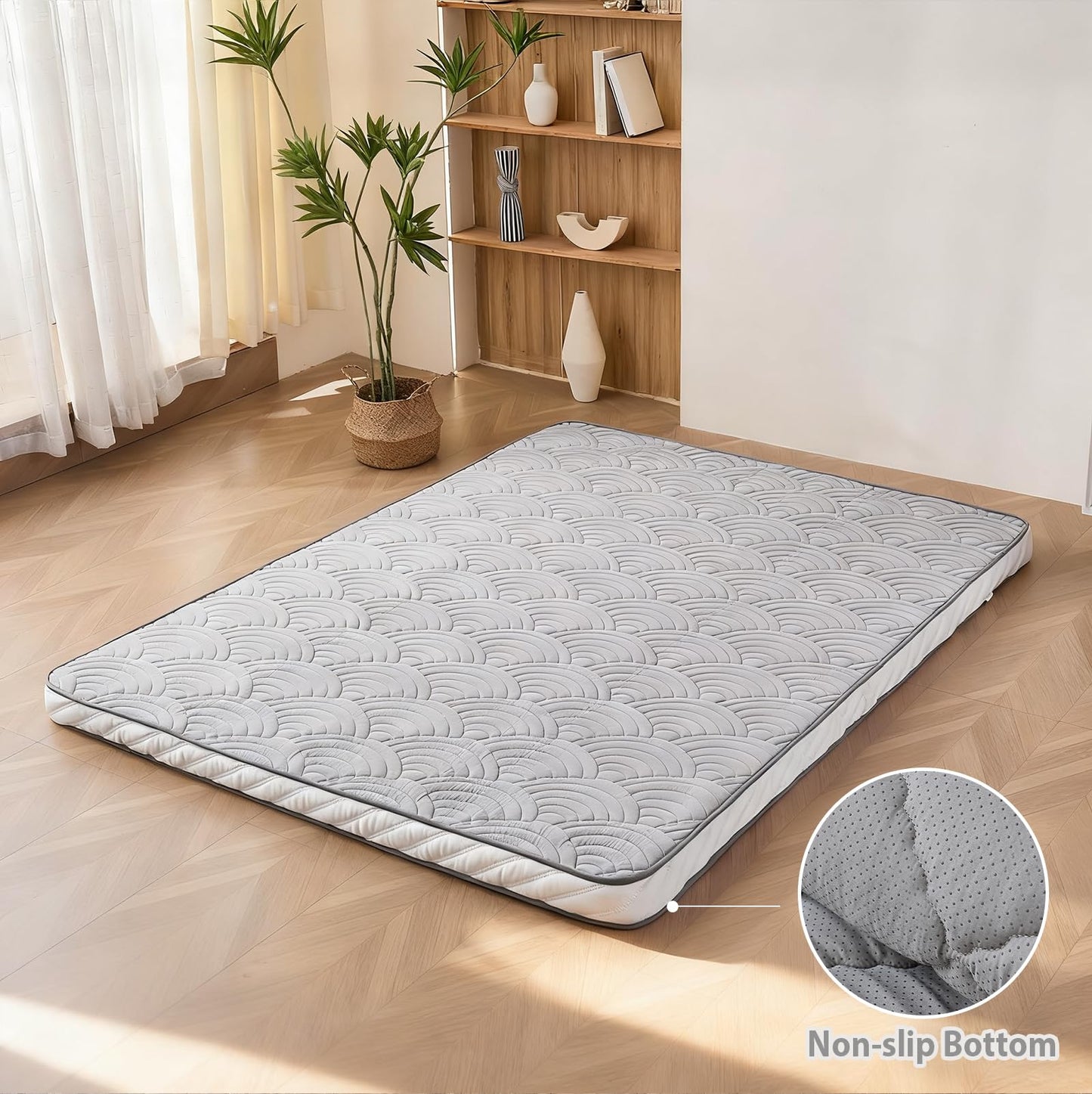 Zelladorra Japanese Floor Mattress, Quilted Futon Mattress with Anti-Slip Bottom, Foldable Floor Bed with Storage Bag and Straps, (Light Grey, Full)