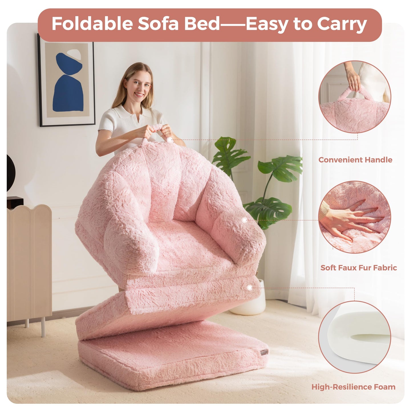 MAXYOYO Folding Sofa Bed, 2 in 1 Convertible Sofa to Lounger Comfy Single Bean Bag Chair for Adults, Floor Couch with Handle, Faux Fur Couch Bed for Living Room Bedroom, Pink
