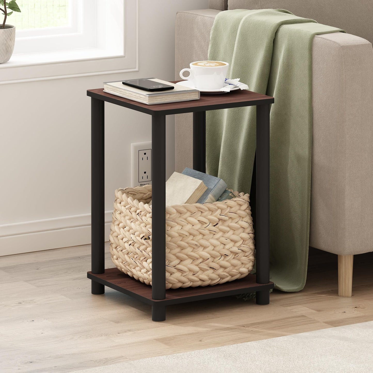 Furinno TURN-N-TUBE Side Table, 2-Tier Modern Square End Table with Open Shelf, Toolless Night Stand, Bedside Table, for Living Room, Bedroom, Dark Cherry