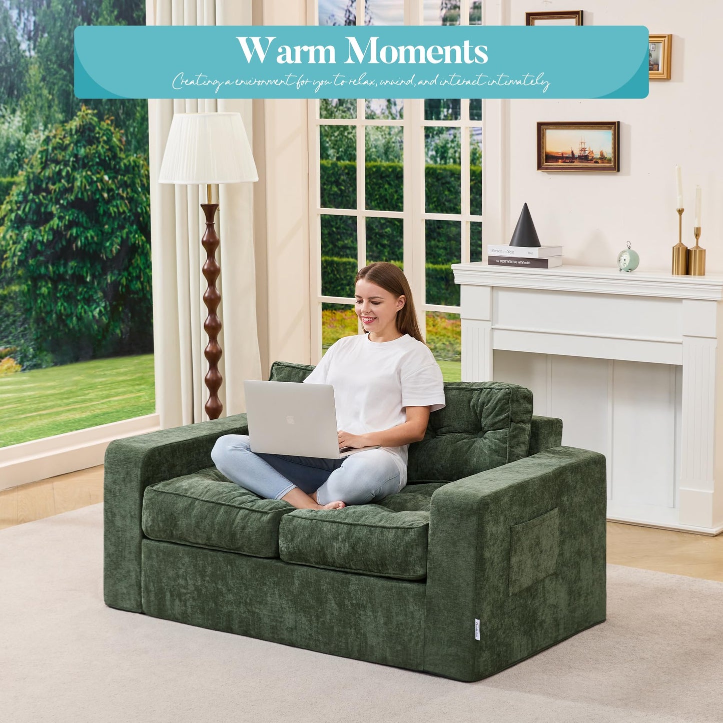 Hobestluk Sofa Couch Loveseat Sofa with Chenille Fabric 2-Seater Sofa for Small Spaces Comfortable Foam Floor Sofa 2 in 1 Boneless Couch for Living Room Bedroom Apartment or Office (Green, Loveseat)