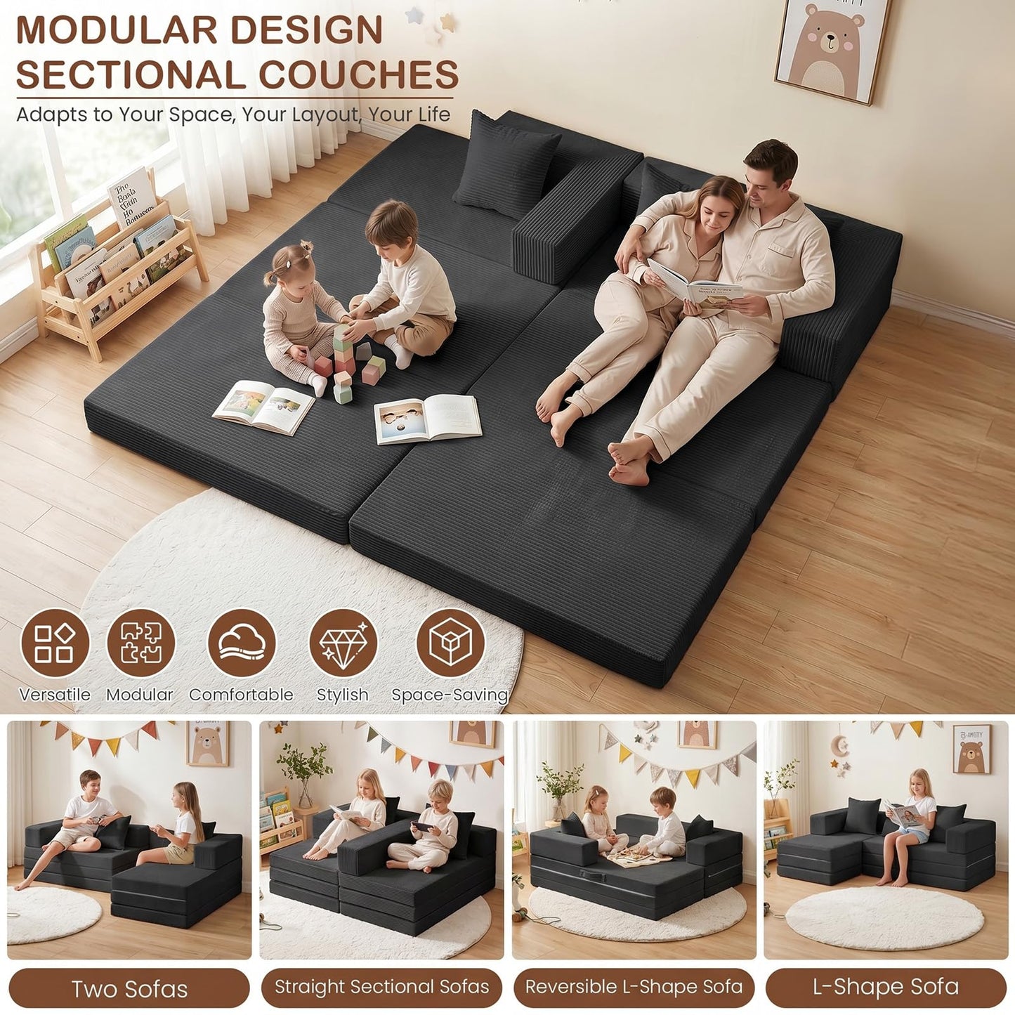 Ziydily Boneless Couches for Living Room, L Shaped Couch with Chaise, 4-in-1 Comfy Corduroy Fluffy Sofas, Mini Flexible Module Combination Compact Room Couch, No Assembly, Black