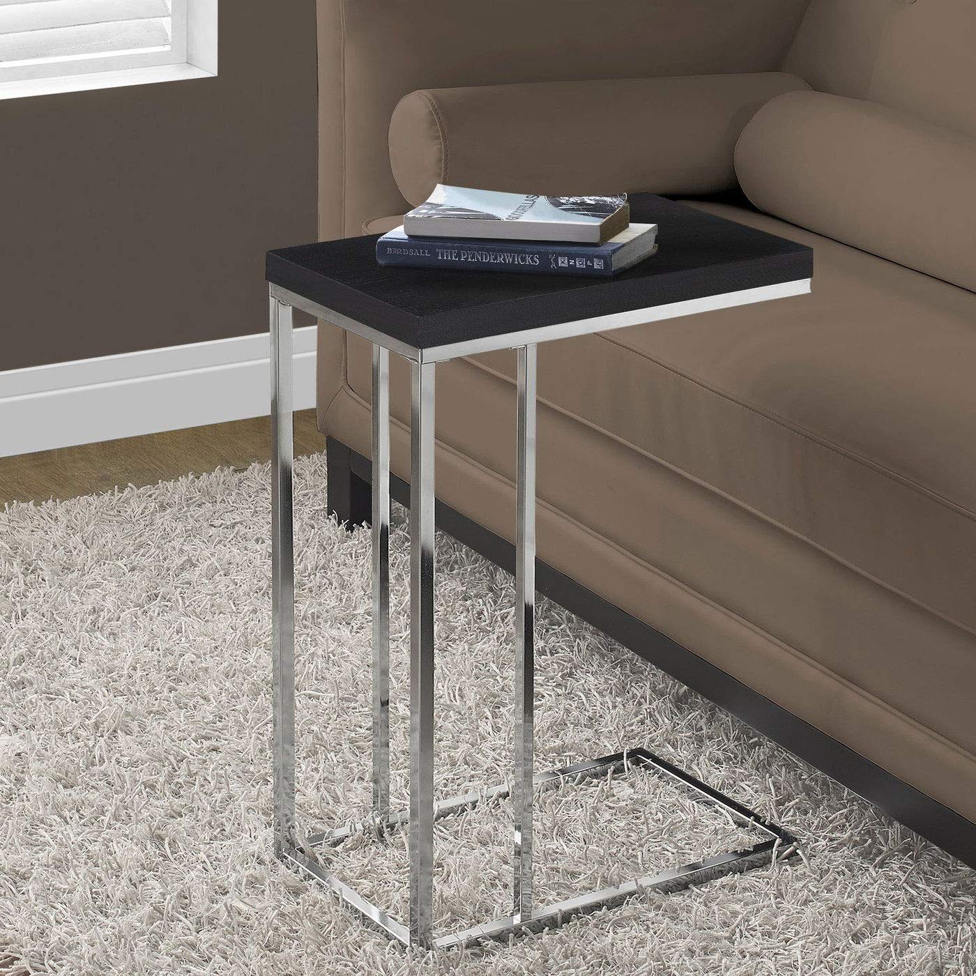 Monarch Specialties I 3007 Accent Table, C-shaped, End, Side, Snack, Living Room, Bedroom, Metal, Laminate, Brown, Chrome, Contemporary, Modern
