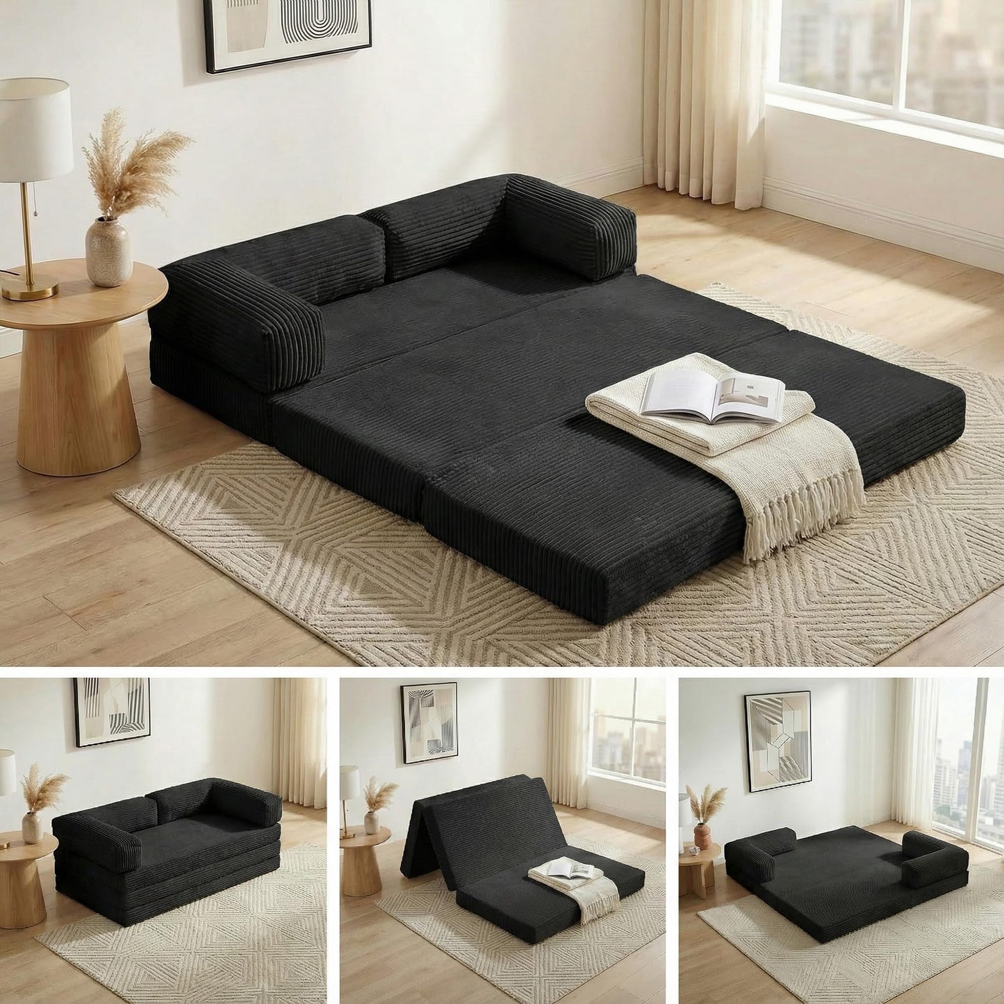 NLDD Convertible Sofa Bed Full,5-in-1 Tri-Fold Boneless Couch with Removable Armrests & Handle,Corduroy Futon Sleeper Sofa,Floor Folding Mattress Pull Out Bed for Small Space Apartment Bedroom Black