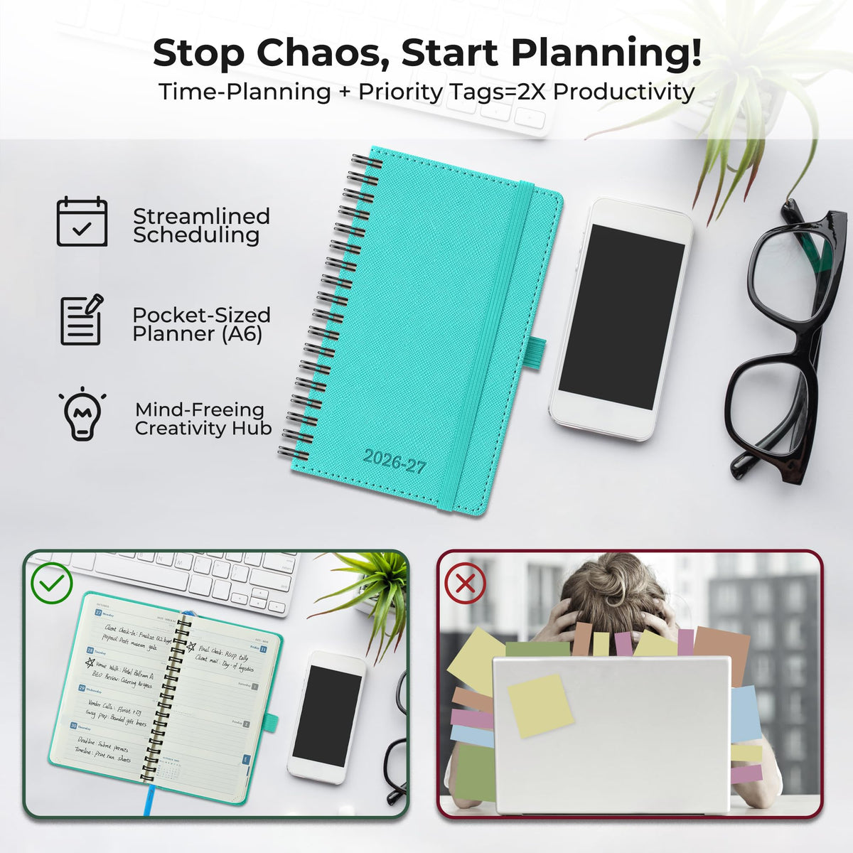 IN-LUXPRO Planner 2026-2027 Daily Weekly and Monthly,6.5"x3.75",18 Months Spiral Bound Calendar Agenda with Self-adhesive Pen Holder,2026 Academic Plan with Vegan Leather Soft Cover,Light Blue