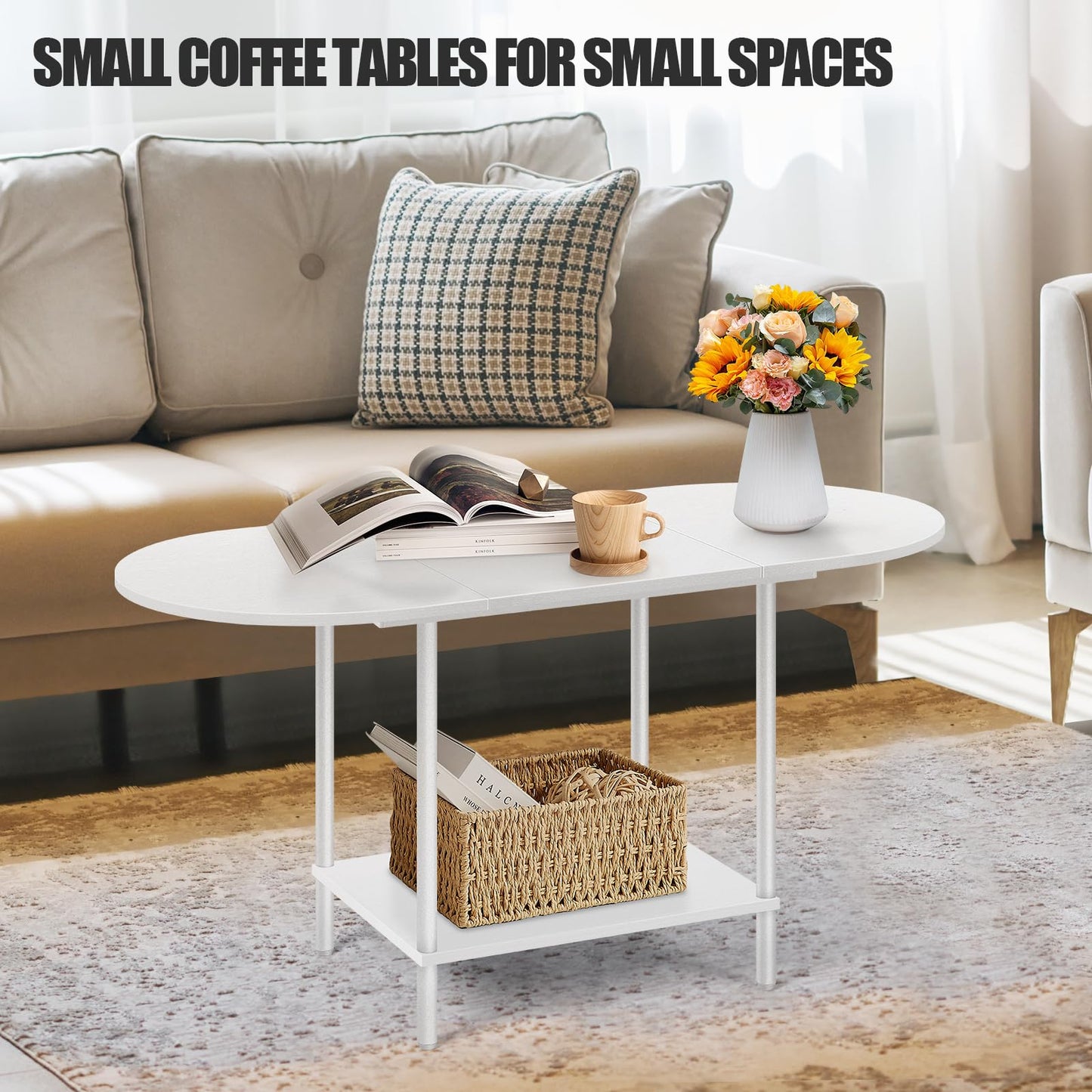 White Coffee Tables for Living Room,Mid Century Oval Center Table with Storage Shelf and Wood Tabletop,2-Tier Modern Narrow Cocktail Tea Table for Small Space,Small Apartment