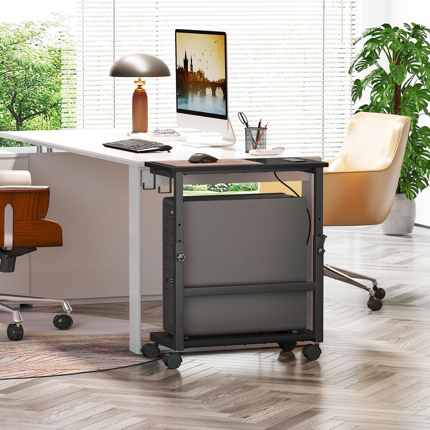 Snughome Computer Tower Stand with Charge Station, 25.0"-32.1" Height Ajustable PC Tower Stand for Floor, Mobile CPU Holder Cart for Carpet with Hooks, PC Cart for Gaming Office Home