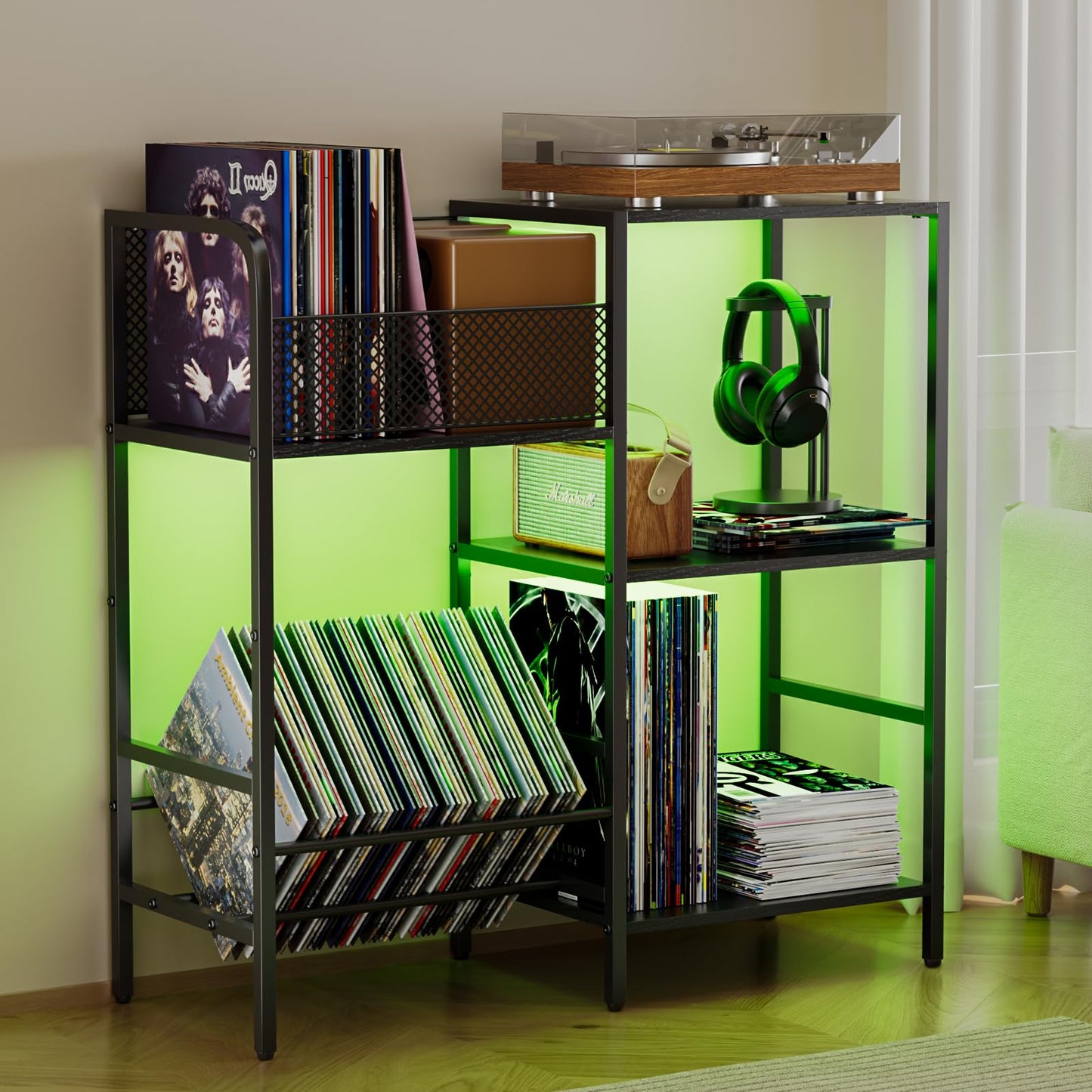 Nidouillet Record Player Stand with LED Light, Turntable Stand with Vinyl Storage for 300+ Albums, 3-Tier Media Cabinet with Adjustable Shelf, Mesh Fences & V-Shaped Holder, for Living Room & Bedroom