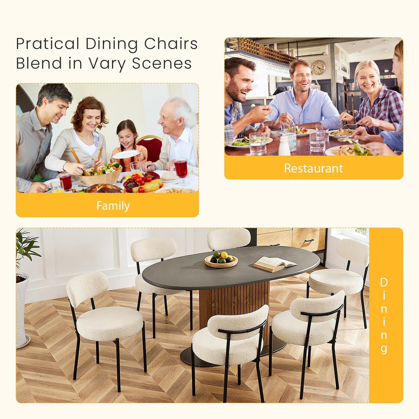 DUMOS Dining Chairs Set of 4, Mid Century Modern Chair Round Upholstered Curved Backrest, Kitchen Vanity Living Room Chairs with Black Metal Legs，Light Beige