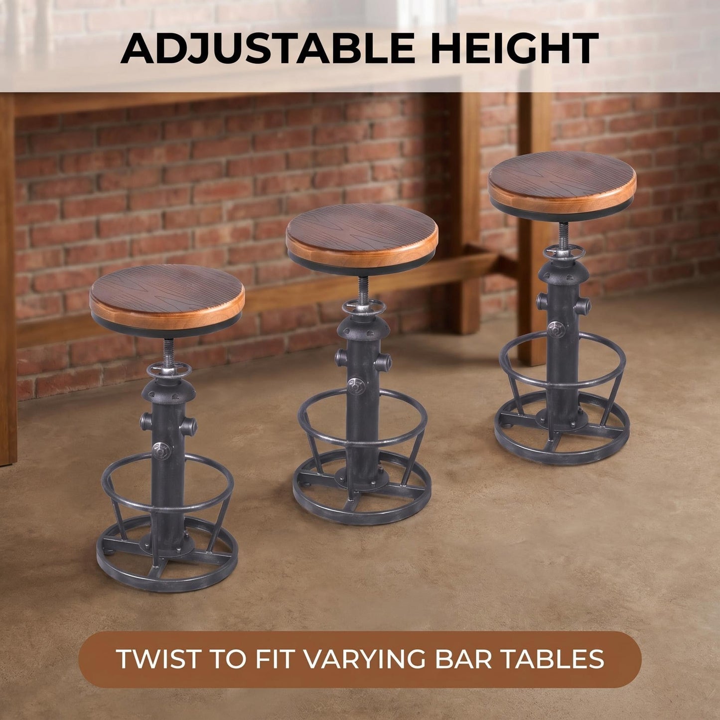 Topower Antique Industrial Round Bottom Adjustable Height Cafe Coffee Retro Vintage Stylish Water Pipe Design Pub Kitchen Bar Stool (Silver, Wooden Top)