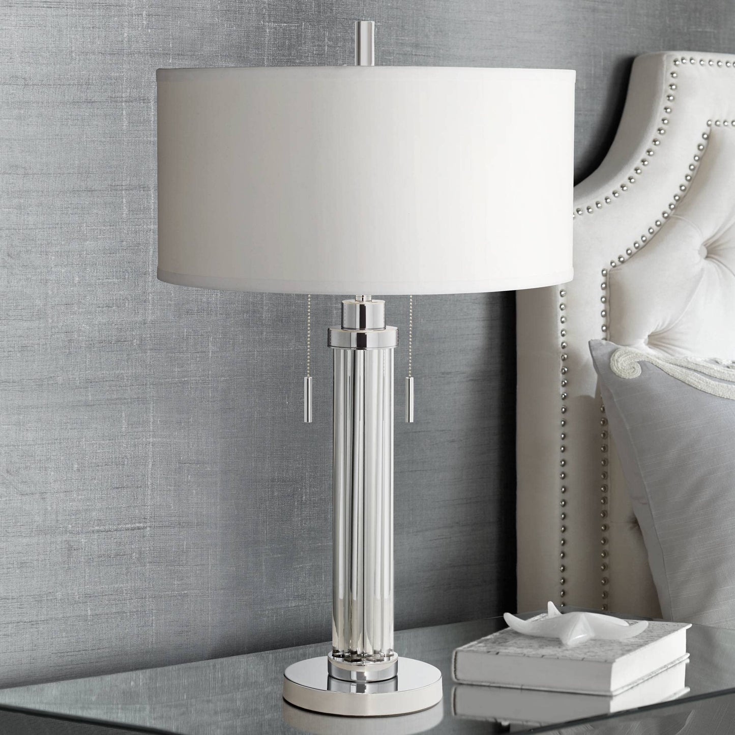 Possini Euro Design Cadence 30" Tall Glass Column Large Modern Glam End Table Lamps Set of 2 Pull Chain Clear Living Room Bedroom Bedside Nightstand House Office Home Reading Kitchen White Shade