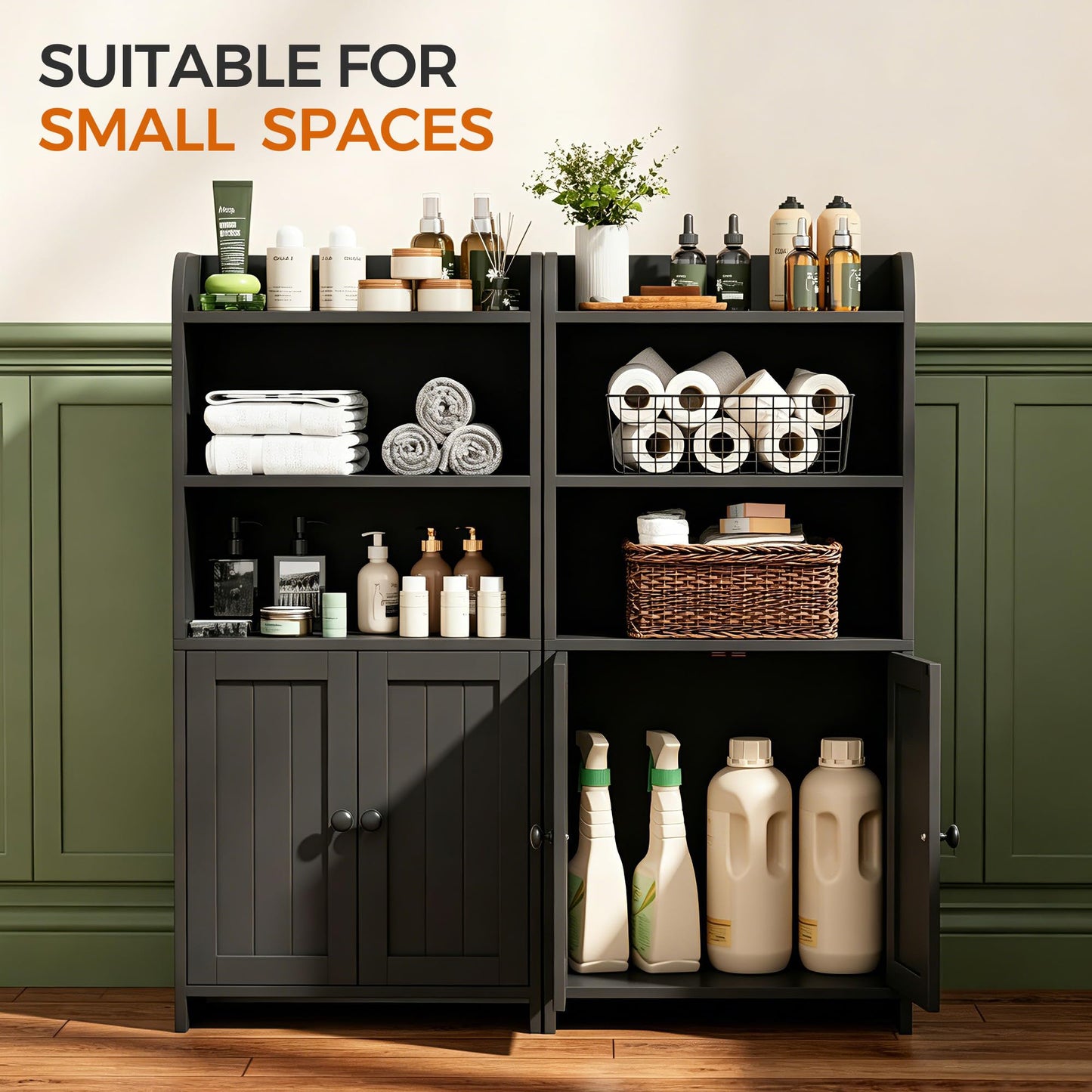 Cerlyunzan Small Bathroom Storage Cabinet, Freestanding Bathroom Cabinet and Organizer with Shelves, Small Cabinet with Doors for Bathroom, Laundry Room, 7.9" D x 14.6" W x 31" H, Black
