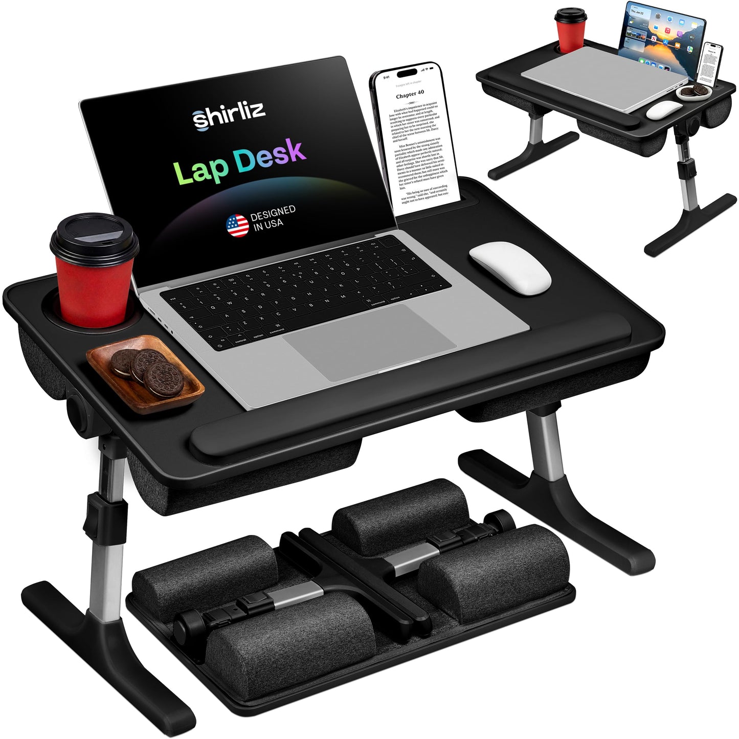 SHIRLIZ Lap Desk with Legs & Cushions: 2-in-1 Foldable Bed Desk for Adults - One-Touch Height Adjustment, Bed Table Tray Hold: up to 15.6“ Laptop, Mouse Cup Phone - Laptop Stand Desks for Bed (Black)