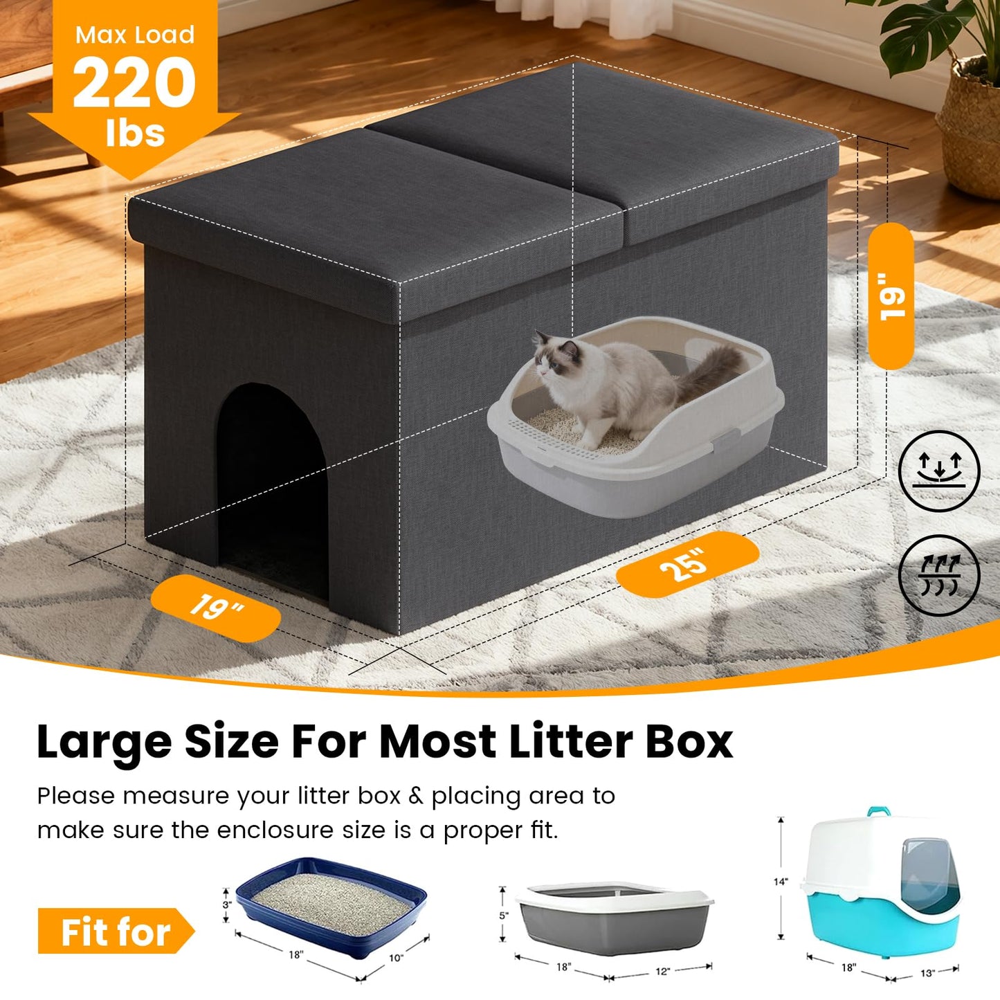 Fecuria 3-in-1 Cat Litter Box Enclosure with Odor Control, Multi-Functional Hidden Litter Box Furniture Bench, Dog Proof, Space-Saving Ottoman Cabinet with Flip-Up Lid, Storage Footrest, Dark Grey
