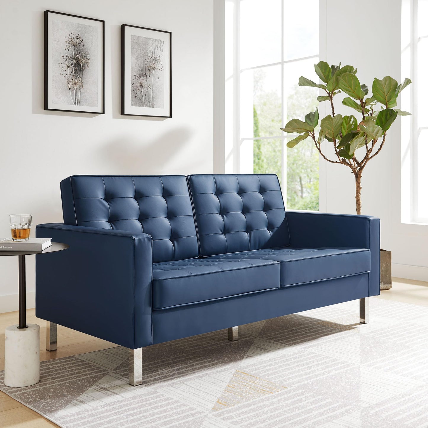 Modway Loft Tufted Button Faux Leather Upholstered Loveseat in Silver Navy