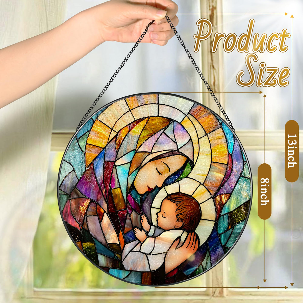 Baby Jesus and The Holy Mother Mary Sun Catcher, 8 Inch Stained Glass Window Hanging, Stained Glass Decor, Christian Home Decor, Christian Gifts for Women, Religious Gifts for Women