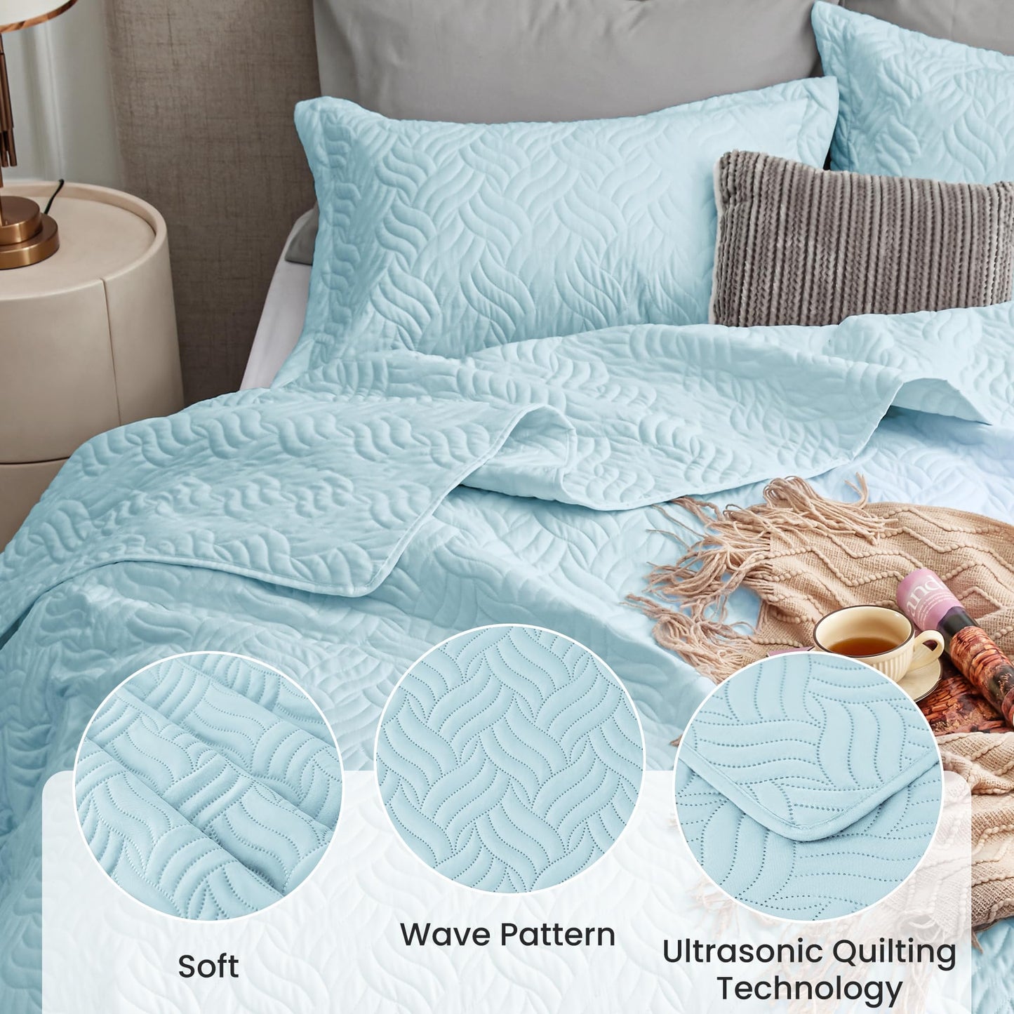 Love's cabin Quilts for Queen Bed Light Blue Bedspreads - Soft Bed Summer Lightweight Bedspread Comforter - Modern Style Wave Pattern Coverlet for All Season - 3 Pieces (1 Quilt, 2 Pillow Shams)