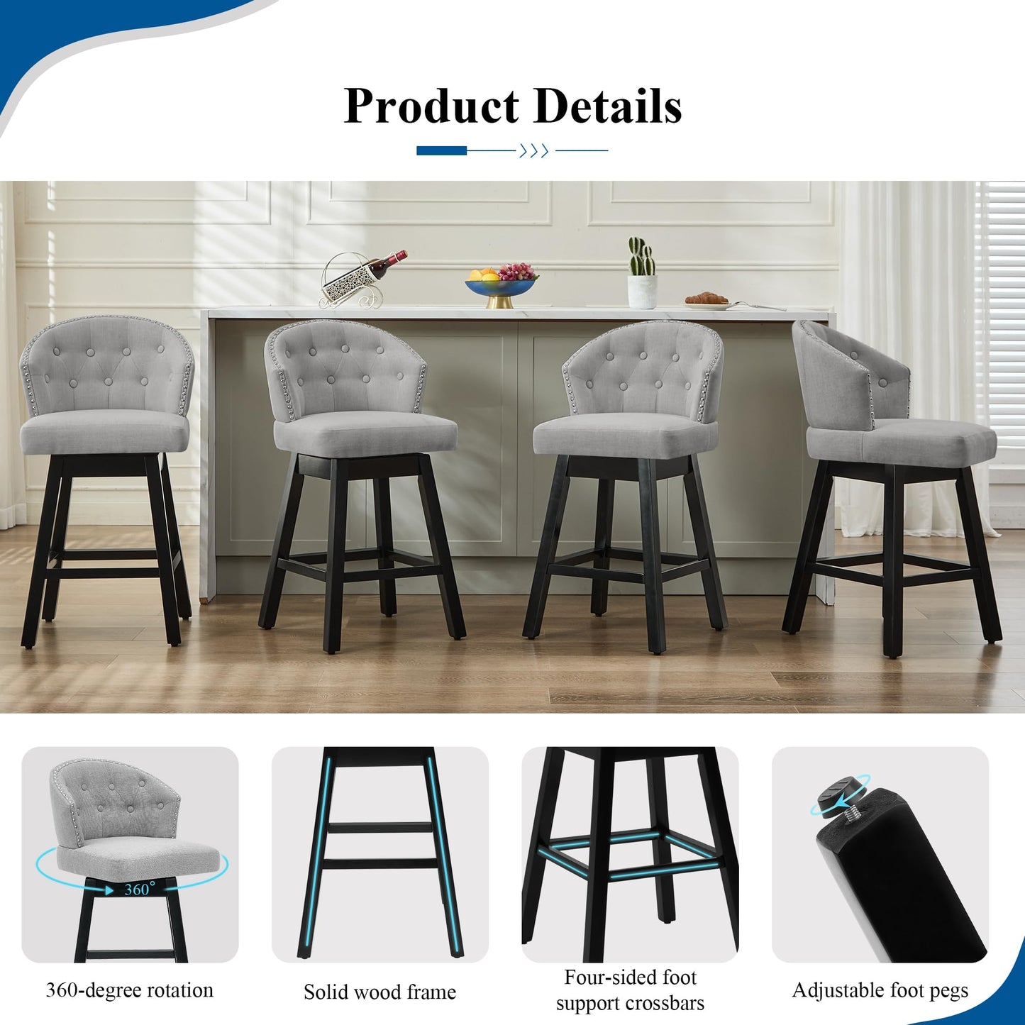 UDAX 26''Swivel Bar Stools Set of 2, Upholstered Barstools with Backs, Modern Counter Height Bar Stool Chairs for Kitchen Island, Wood Legs, Counter Stools