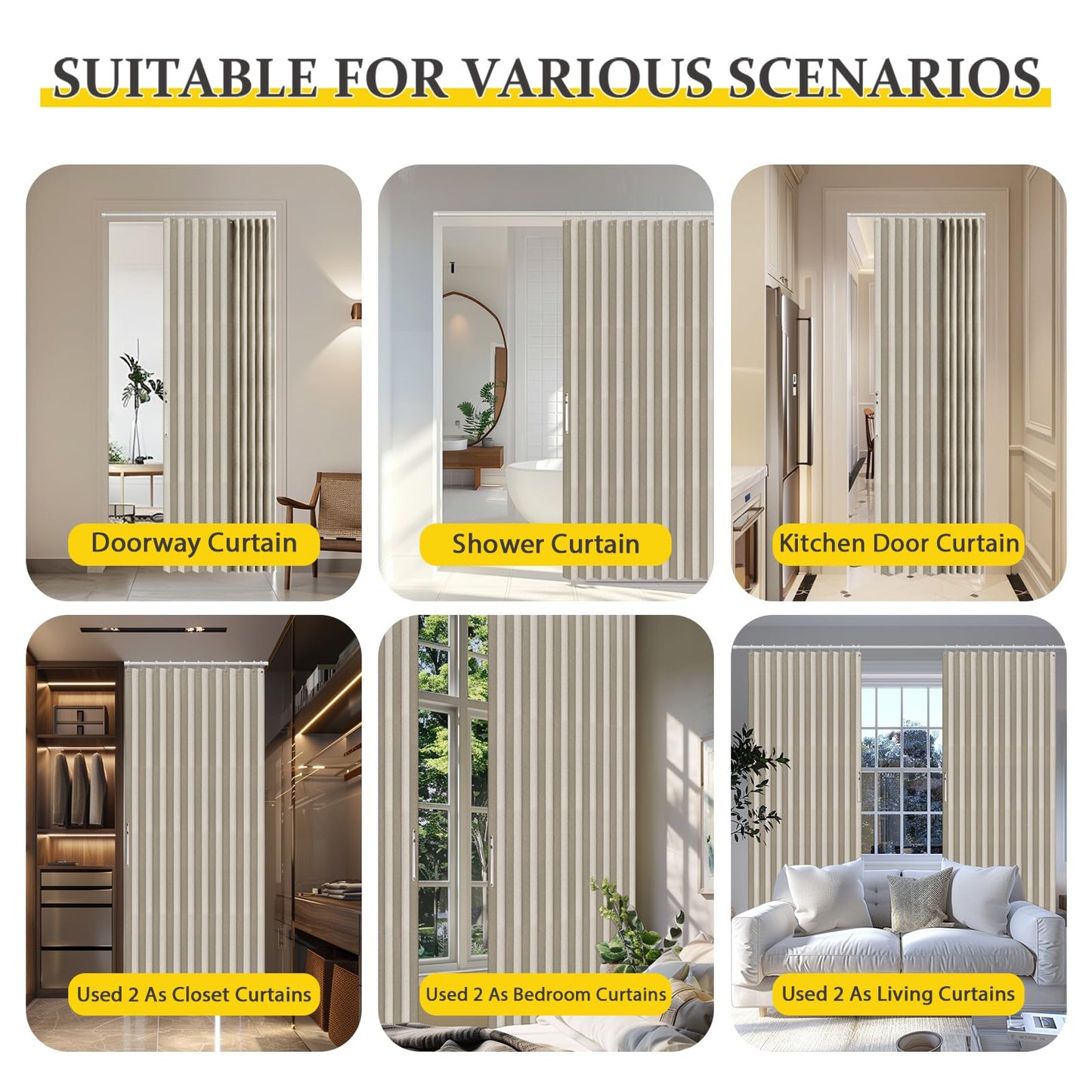 AJAZZ 100% Blackout Magnetic Door Curtain Accordion Doors Interior Folding Closet Door Curtain Invisible Applicable Bedroom Room Living Room Doorway (Cream White 42" W x 78" L) 1 Panel