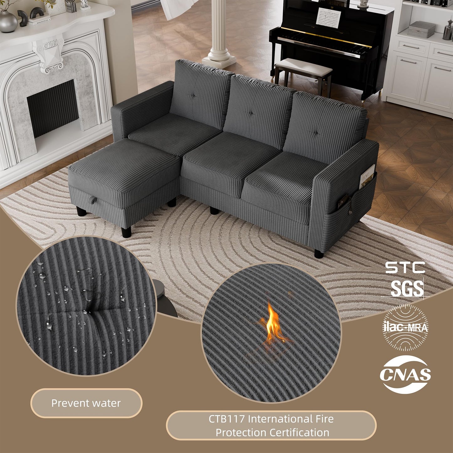 Convertible Sectional Sofa with Storage Ottoman, 77” L-Shaped 3-Seat Couch with Skin-Friendly Corduroy Fabric, Reversible Small Sectional for Small Space, Apartment, Living Room and Office(Dark Grey)