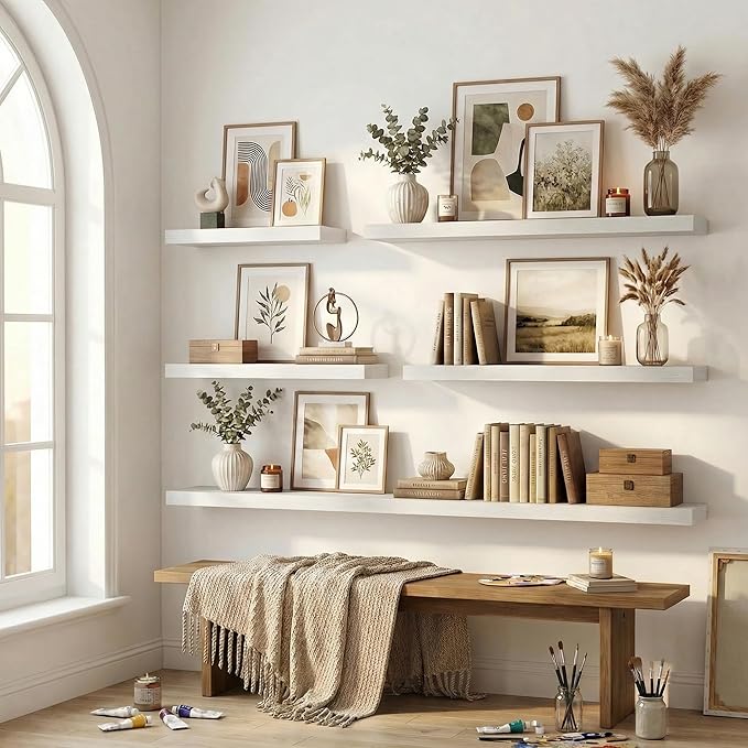 12 inch Deep Floating Shelves for Wall, 55 inch Wide Engineered Wood Wall