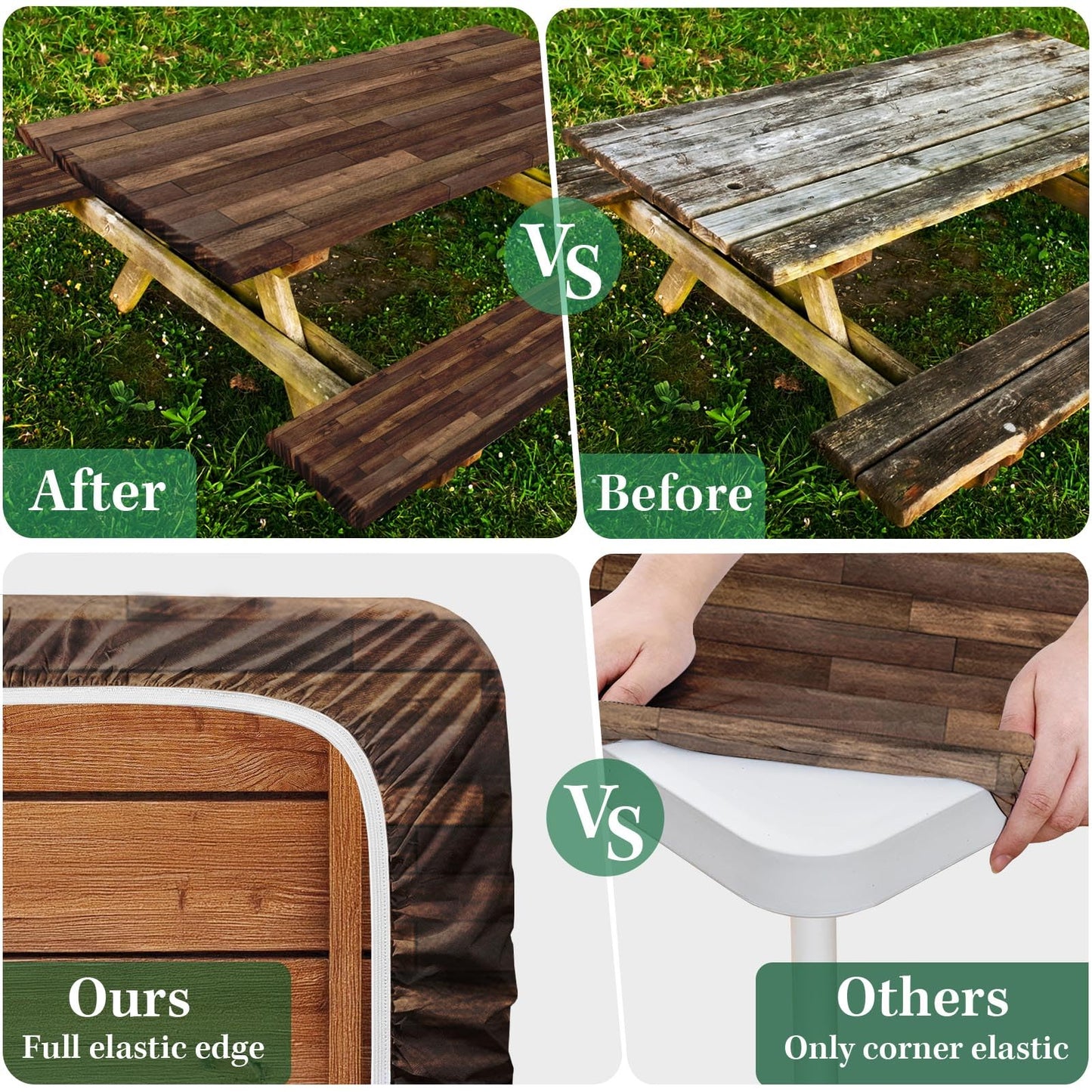 Britown Picnic Table Cover with Bench Covers Elastic Edges, Brown Wood Fitted Table Cover, Outdoor Patio Camping Essentials 72 Inch 3PCS, Waterproof Camping Fitted Tablecloth with Drawstring Bag