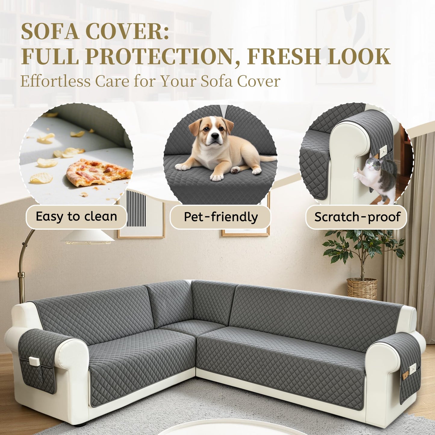 SYJOVIA Sectional Couch Covers for Dogs 100% Waterproof Corner L Shaped Sofa Cover Pet Friendly Velvet Washable Anti Slip L Shape Modular Sofa Slipcover Protector with Pockets (Dark Gray, X-Large)