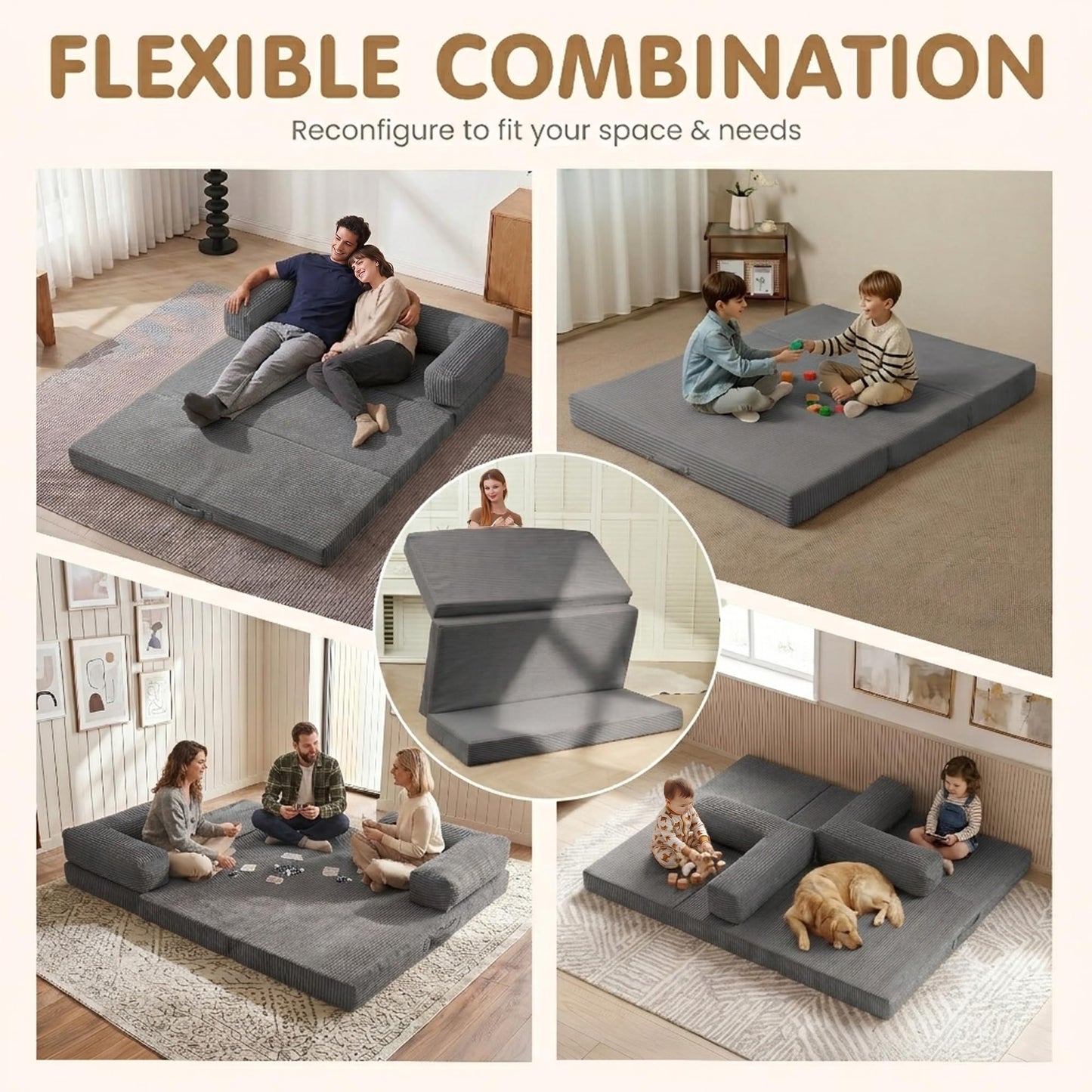 NLDD Convertible Sofa Bed King,5-in-1 Folding Boneless Couch Corduroy Futon Sofa Bed,Tri-Fold Mattress with Removable Armrests & Handle,Sleeper with Pull Out Bed for Small Space Living Room Bedroom