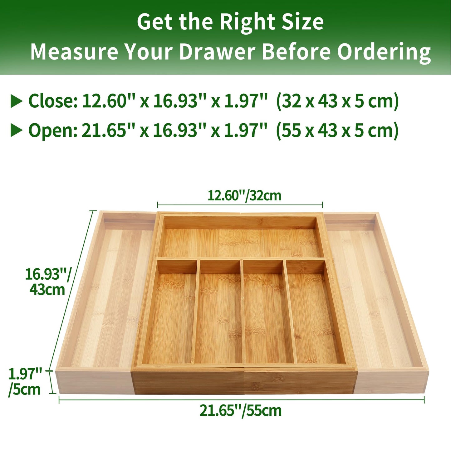 VaeFae Premium Bamboo Drawer Organizer, Expandable Silverware Drawer Organizer, Cutlery Tray with Dividers for Kitchen Utensils (Natural, Large)