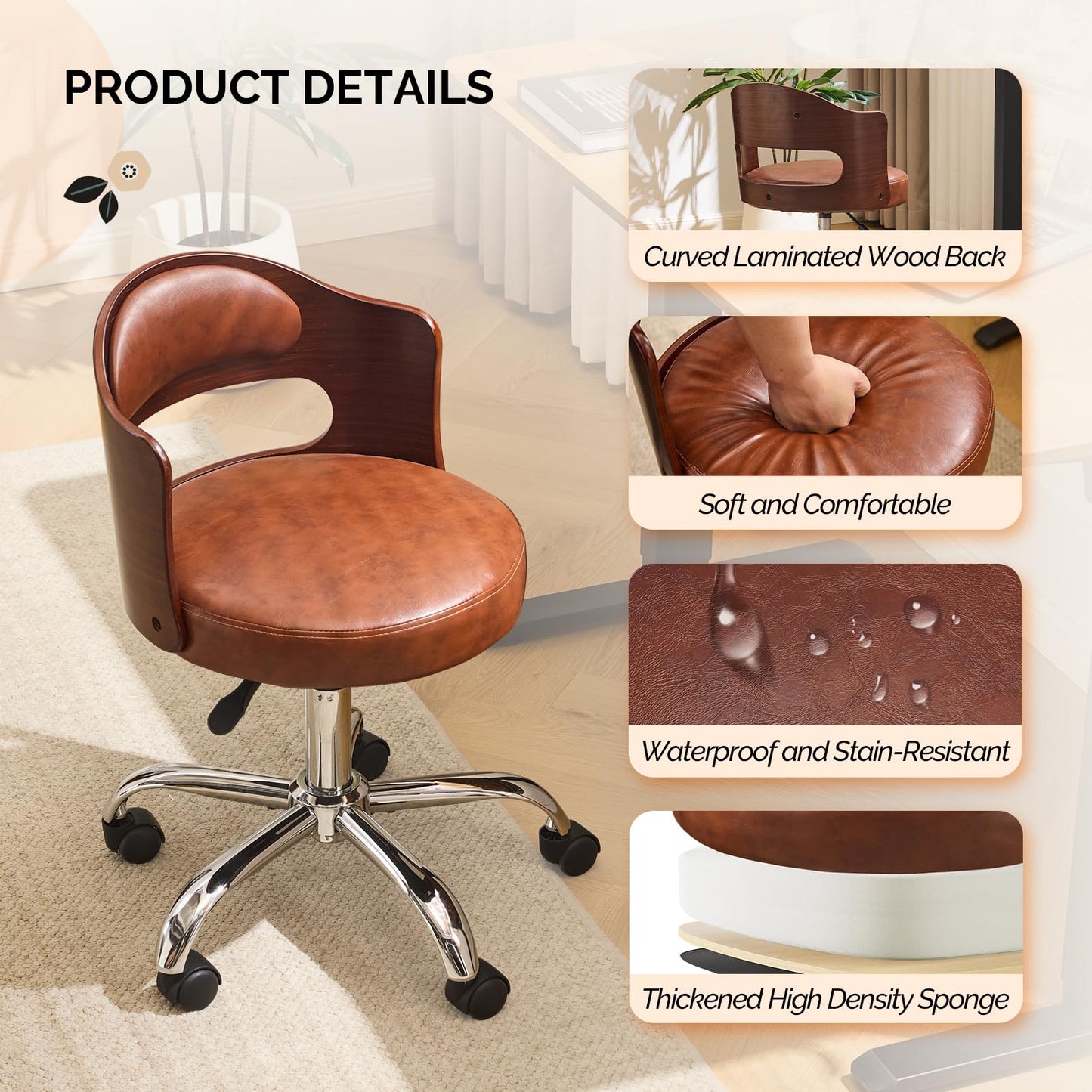 VINGLI Armless Home Office Desk Chair, Adjustable Swivel Chair,Dual-Use with/no Wheels,Small Retro Designed Walnut Curved Task Chair,Cushioned Nail Tech Chair for Study Area,Workspace,PU,Brown