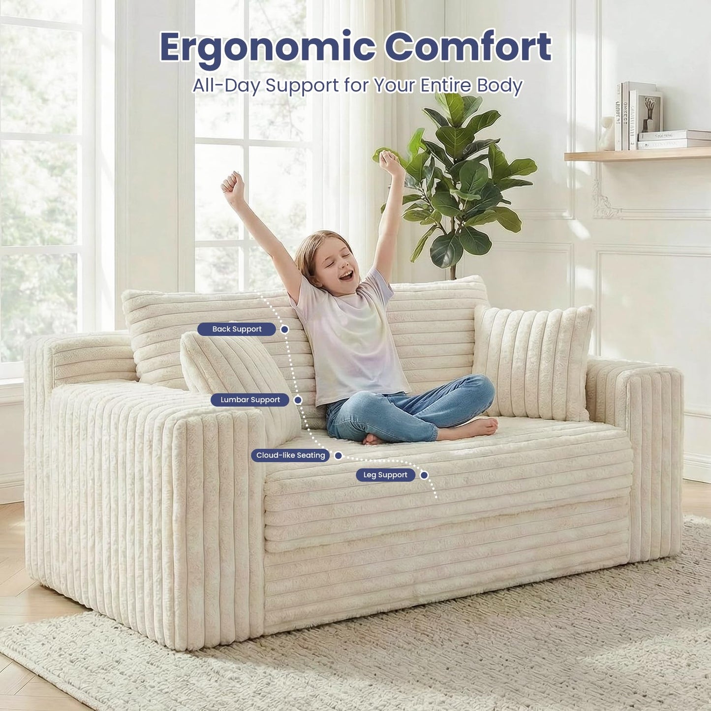 Winzoo 3-in-1 Convertible Sofa Bed: Boneless Loveseat Sleeper & Folding Couch Bed with 4 Pillows & Detachable Cushion,Furry Futon Couch for Bedroom,Apartment,Office and Living Room, No Assembly,Beige