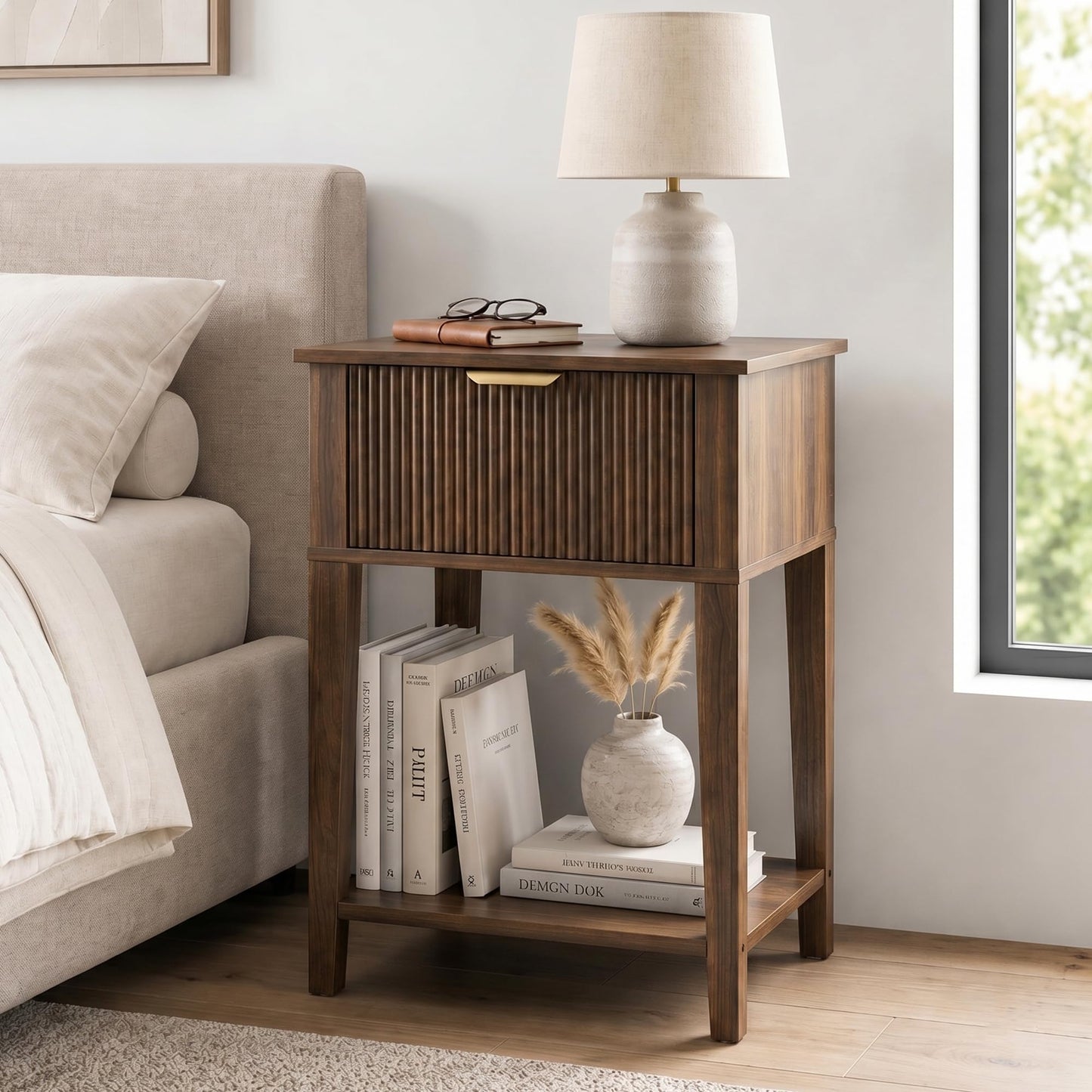 RIHHA Modern Fluted Small Wood Nightstand, 11.8" Deep x 15.4" Narrow Bedside Table with Drawer & Open Shelf, Mid-Century Rustic Accent End Table for Bedroom & Sofa - Walnut