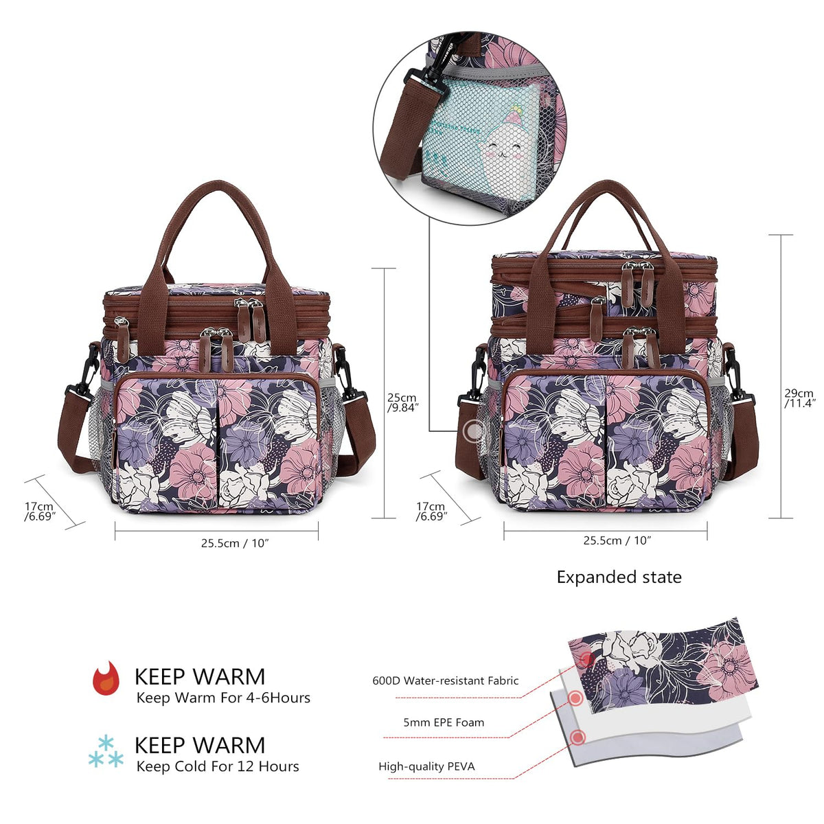 MOV COMPRA Lunch Bag for Women Men Double Deck Expandable Lunch Box,Large Lunch Bags,Leakproof Lunch Box Cooler Bag (Purple Flower)