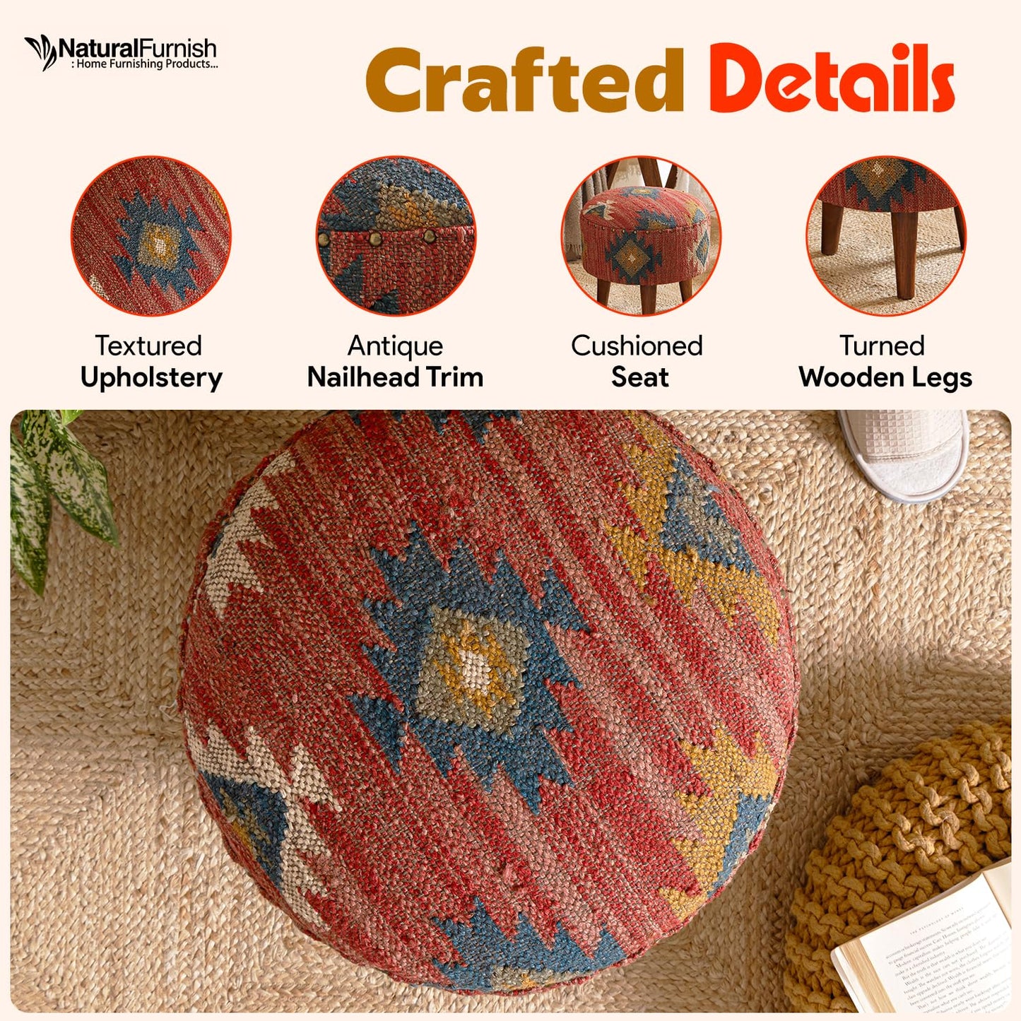 NATURAL FURNISH Handmade Kilim Jute Pouf Ottoman Stool | Round Upholstered Seating with Acacia Wood Legs | Decorative Foot Rest for Living Room, Bedroom, Reading Room & Lounge (Red)