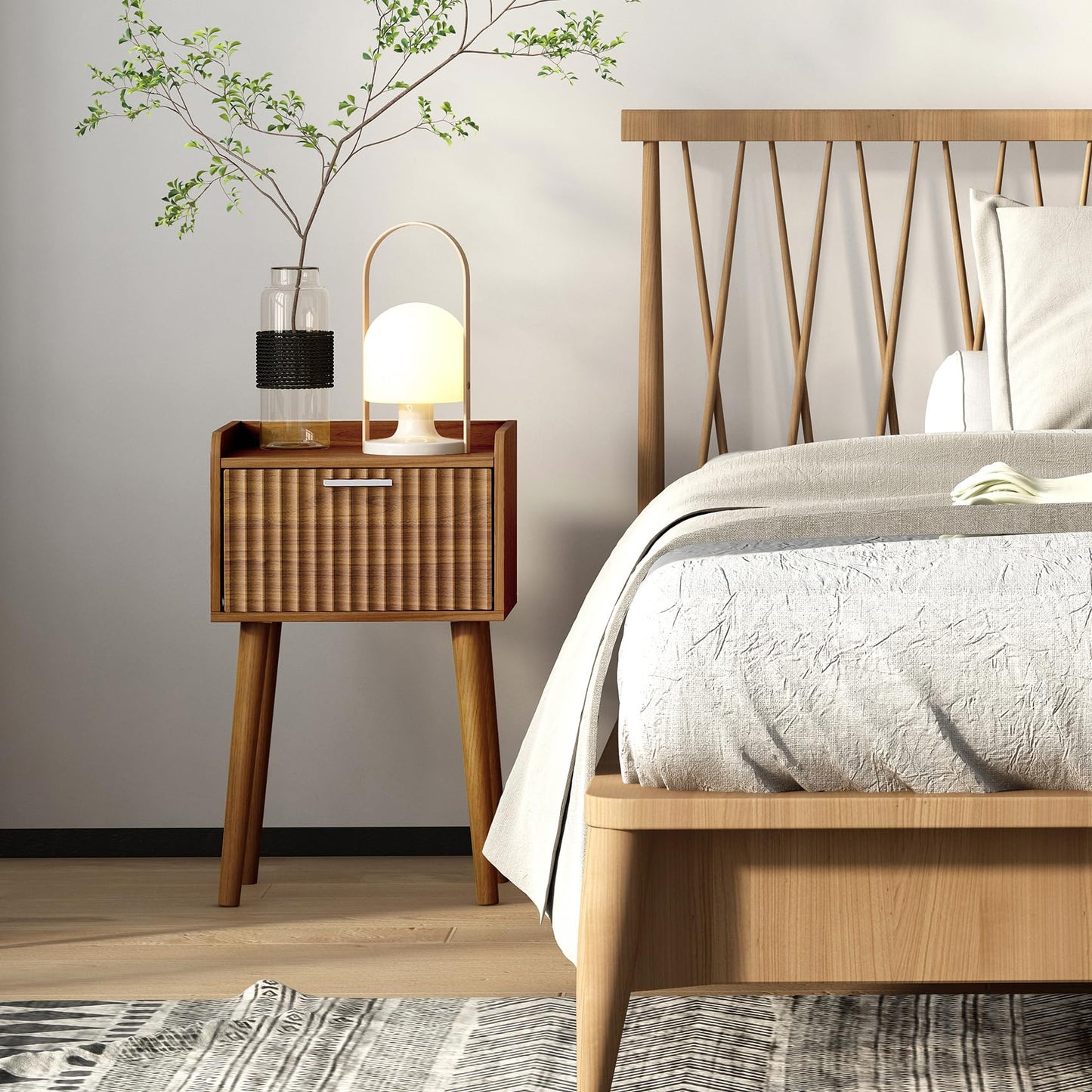 LAATOOREE Small Nightstands Set of 2, Side End Table, Bedside Table with Fluted Door, Solid Wood Feet; for Bedroom, Small Bed