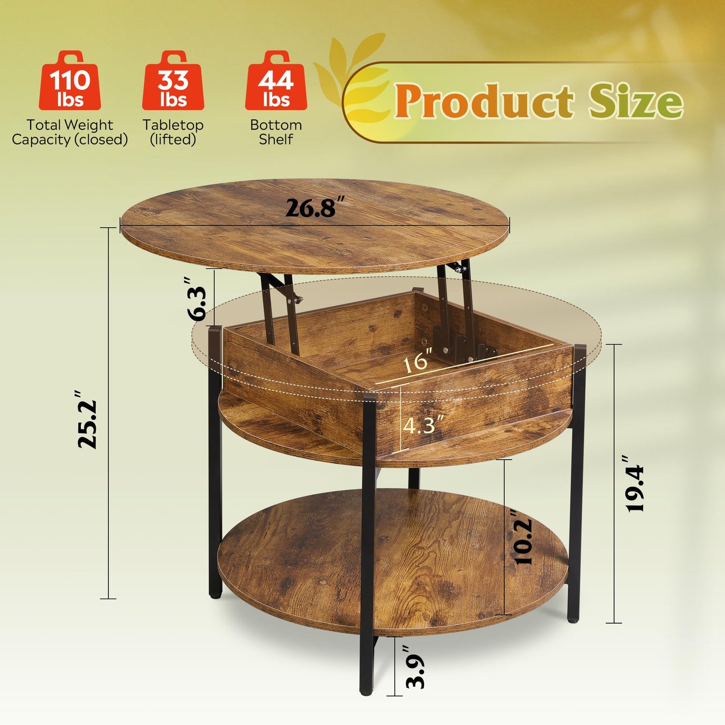WLIVE Round Lift Top Coffee Table with Storage Shelf and Hidden Compartment, Farmhouse Small Coffee Table with 2 Tier for Living Room and Home Office, Rustic Brown