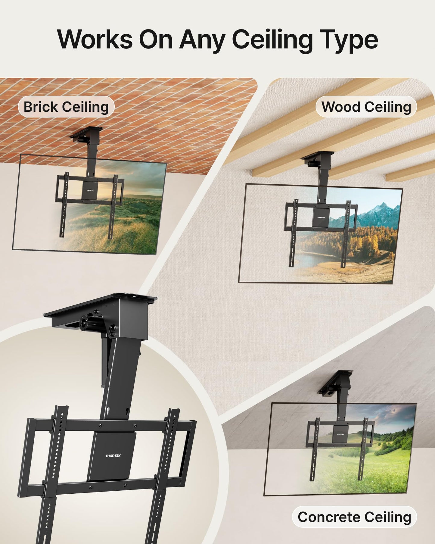 monTEK Motorized Ceiling TV Mount for 32-75 Inch TVs up to 121lbs, Heavy-Duty Electric Flip Down Ceiling Mount, Off-Center TV Compatible, Remote/App/Voice Control, Fits Flat & Pitched Roof