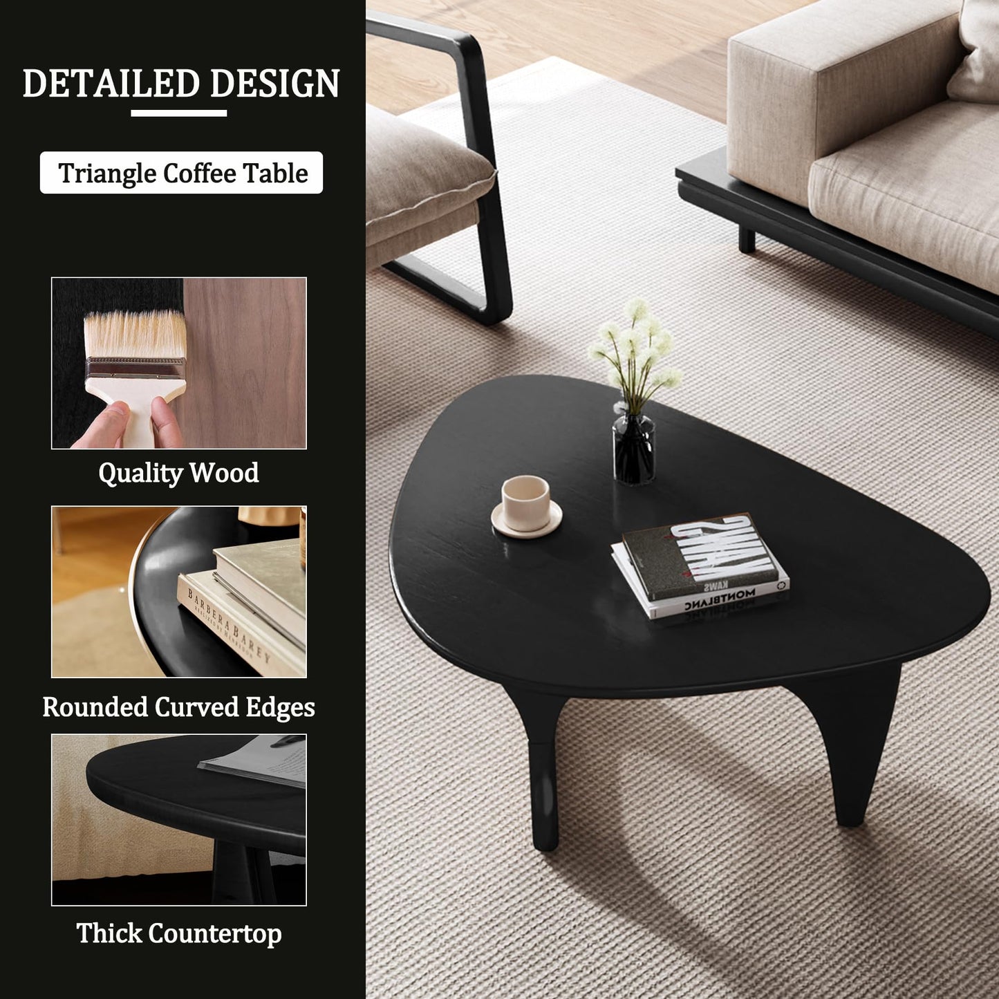 Coffee Table Solid Wood Oval Rustic Mid-Century Modern Low Center Table for Living Room, Office, Small, Black, 34.3", Easy to Install