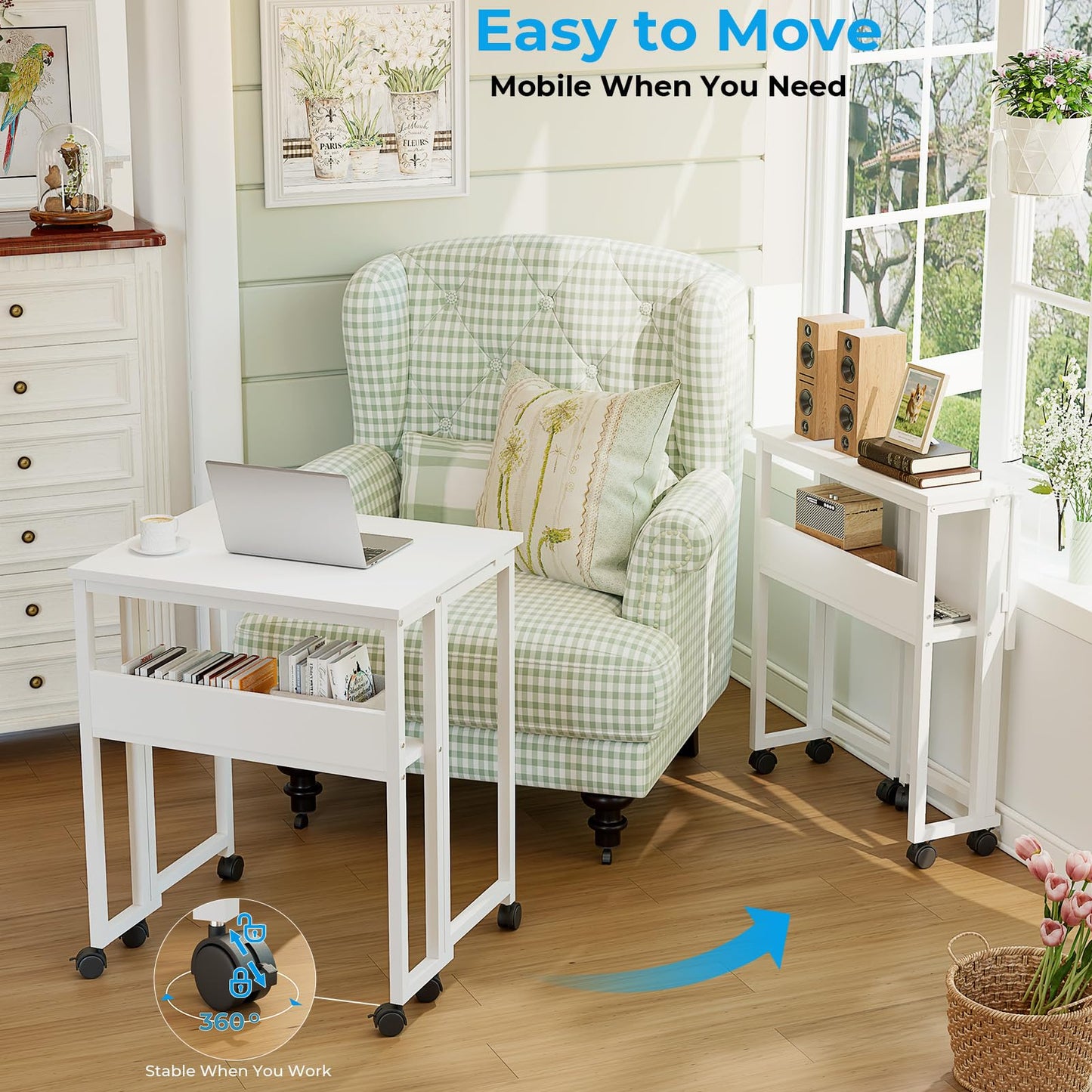 GreenForest Folding Desk with Wheels, 24.8 Inch Compact Rolling Computer Table with Storage Shelf, Portable Mobile Workstation for Small Spaces, Easy Assembly, Pure White