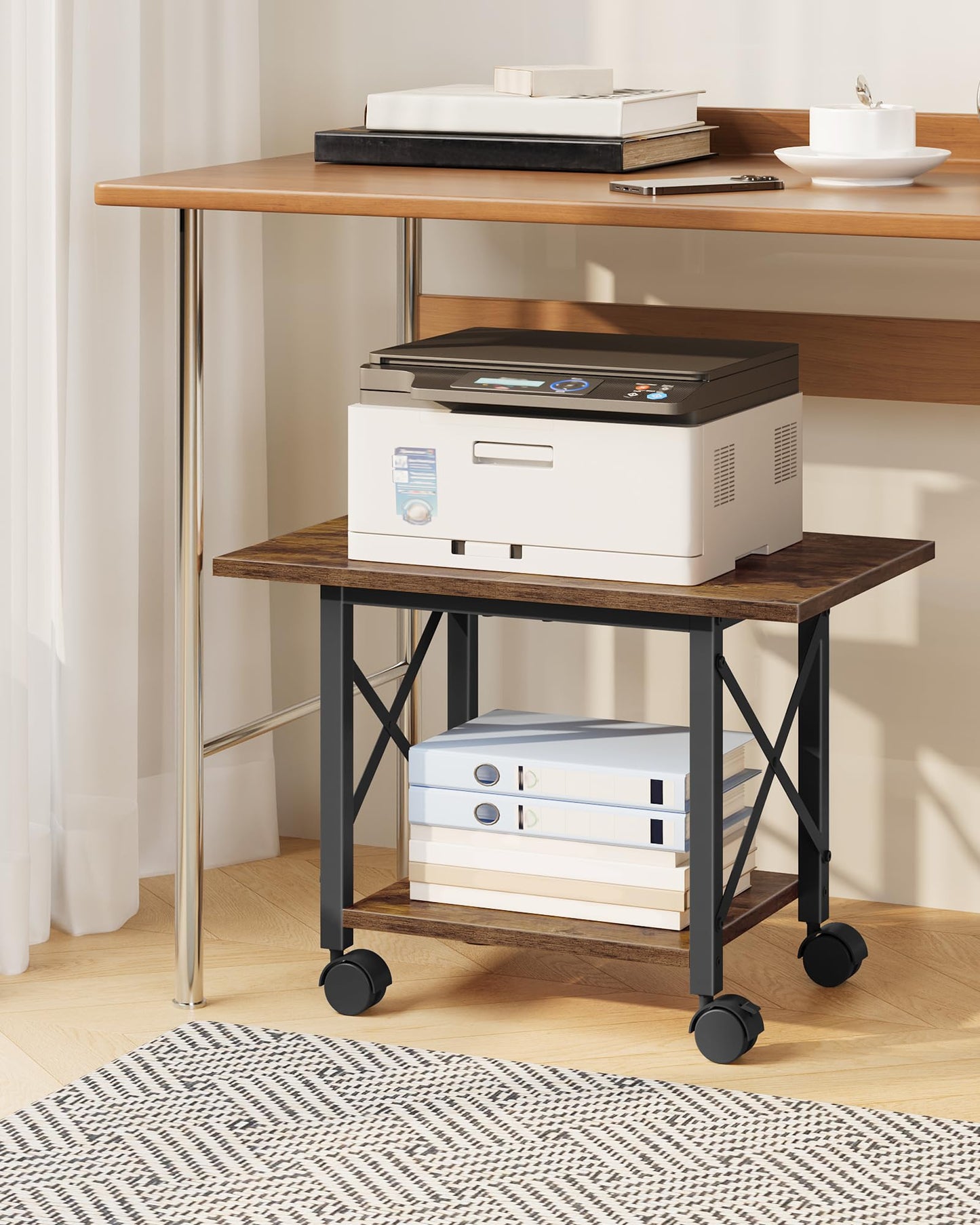 CHOEZON 23.6" Under Desk Printer Stand, 2-Tier Printer Table with Wheels Adjustable Feet for Home Office, Study, Living Room, Rustic Brown and Black TPS01BF