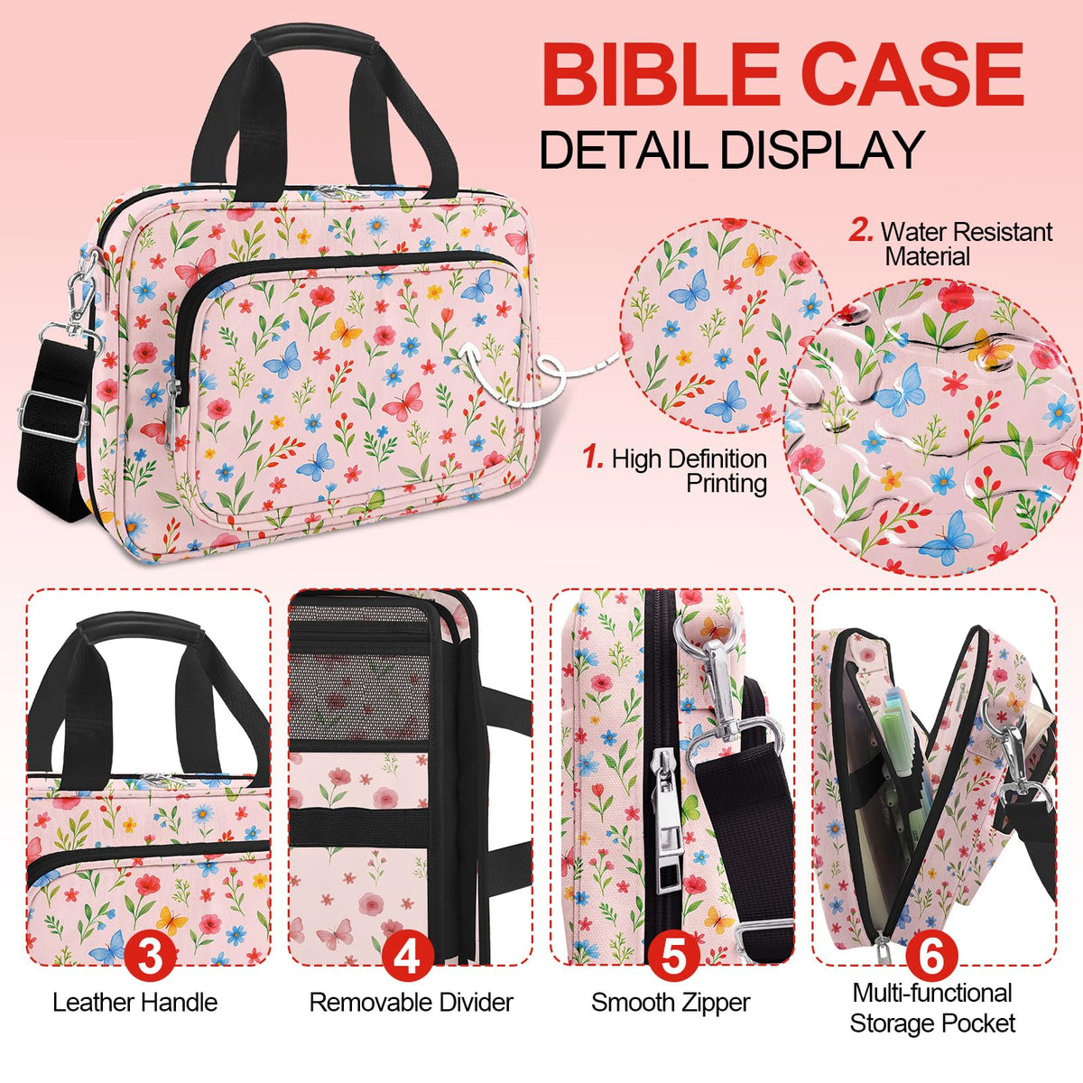 Cute Flower Large Bible Cover Case for Women Girls Organizer, Church Bag Book Carrying Case with Highlighters Shoulder Strap Pens Cross Clip Study Supplies Journaling Kit, Christian Gifts Pink