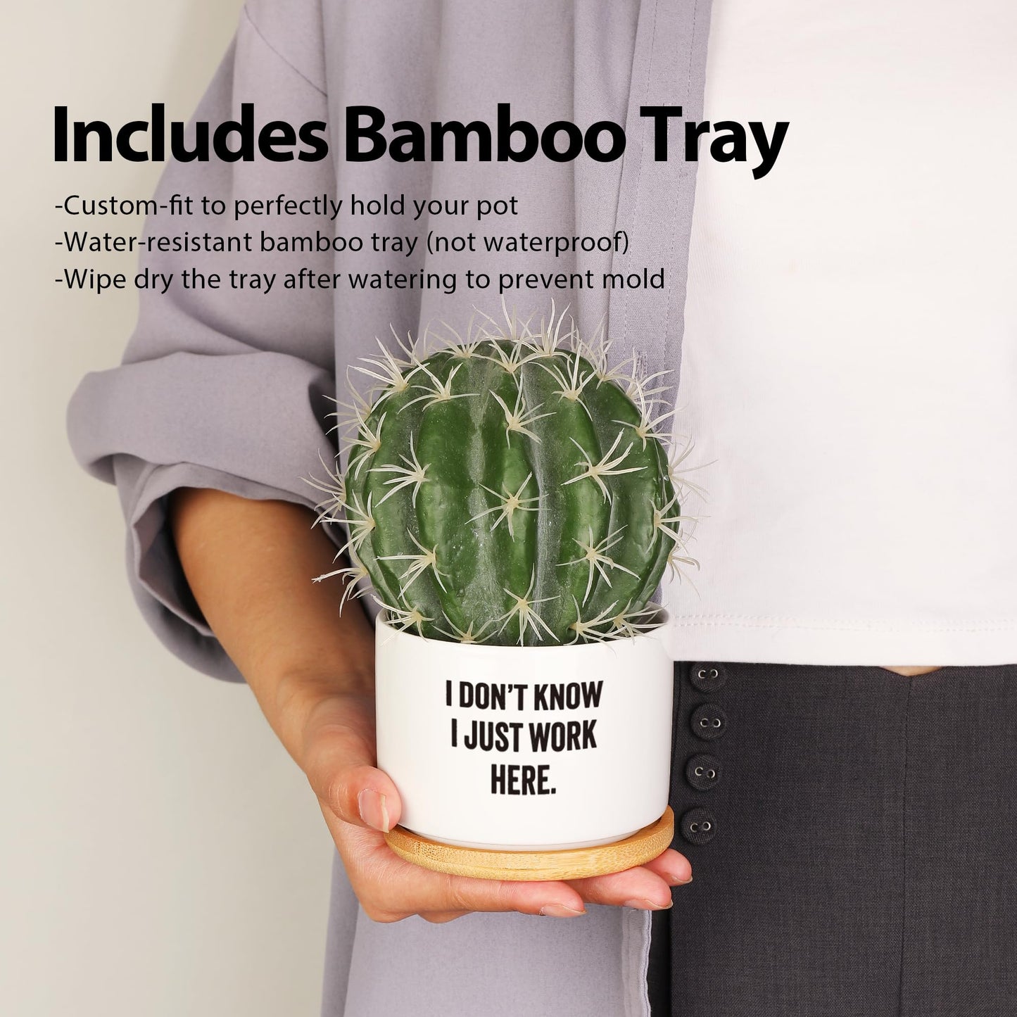 I Don’t Know I Just Work Here Ceramic Succulent Plant Pot with Bamboo Tray Round Sarcastic Gifts for Coworkers Officemates Office Gifts Home Office Decor Plant Lover 3.5 Inch White (No Plants)