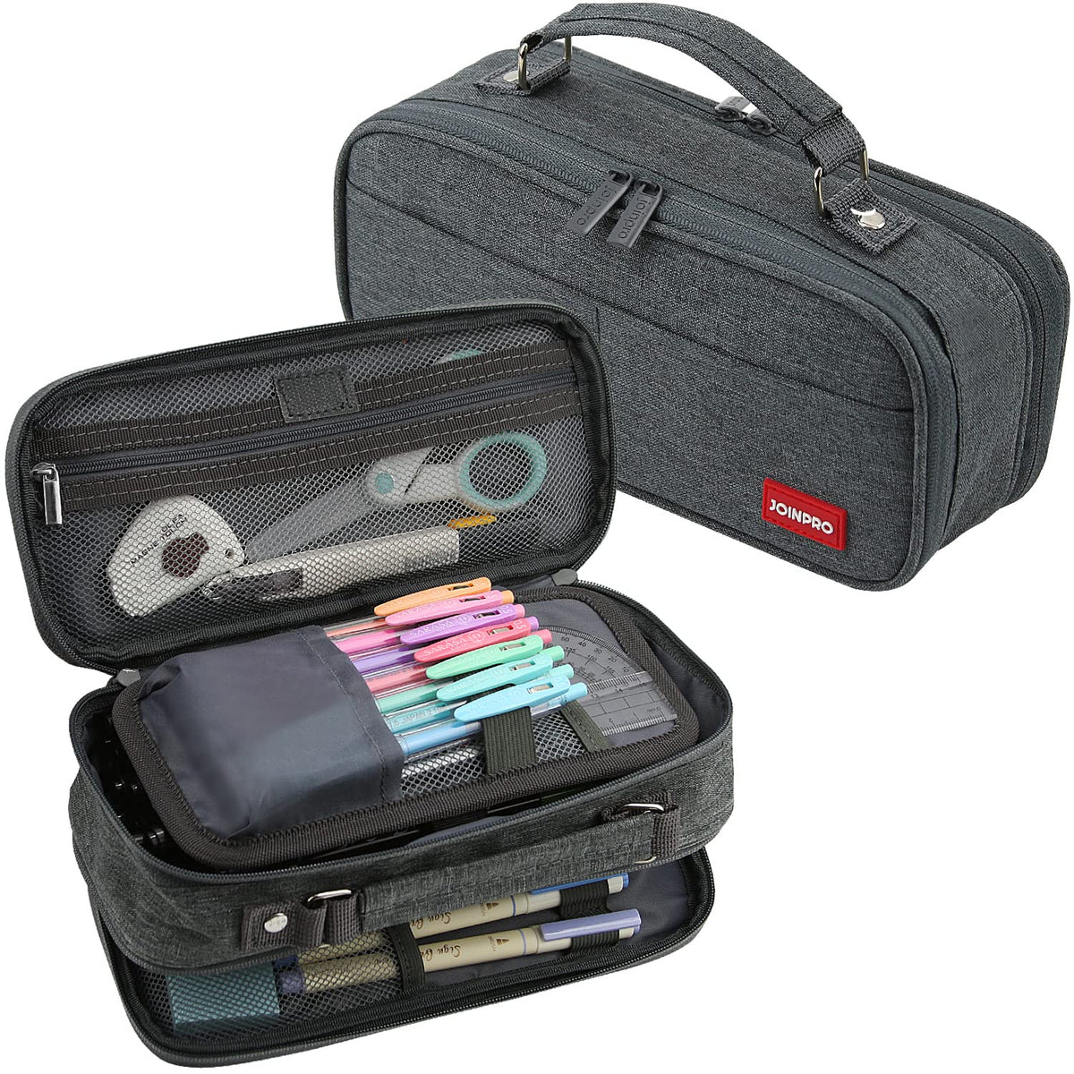 JOINPRO Large Capacity Pencil Case, 4 Compartment Pen Pouch Organizer with Double Zipper, Storage Bag for School, Office, Teen Girl Boy Men Women (Black Grey)