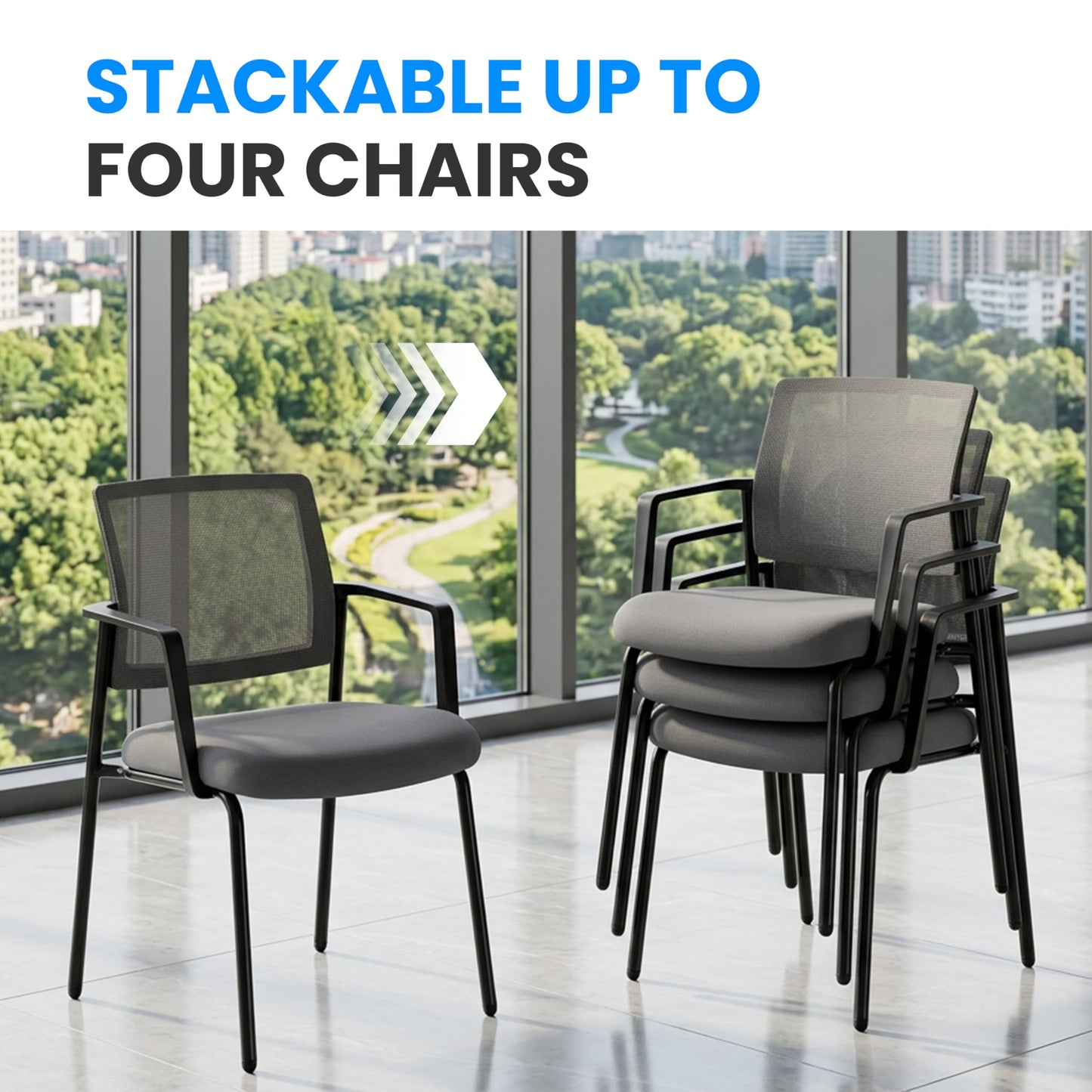 Simple Deluxe Guest Waiting Room Office Arm Chairs, Mesh Back & Ergonomic Support, Stacking Padded Fabric Seat, No Wheel for Reception Meeting Conference Rest for Home Lobby Computer Desk, Grey