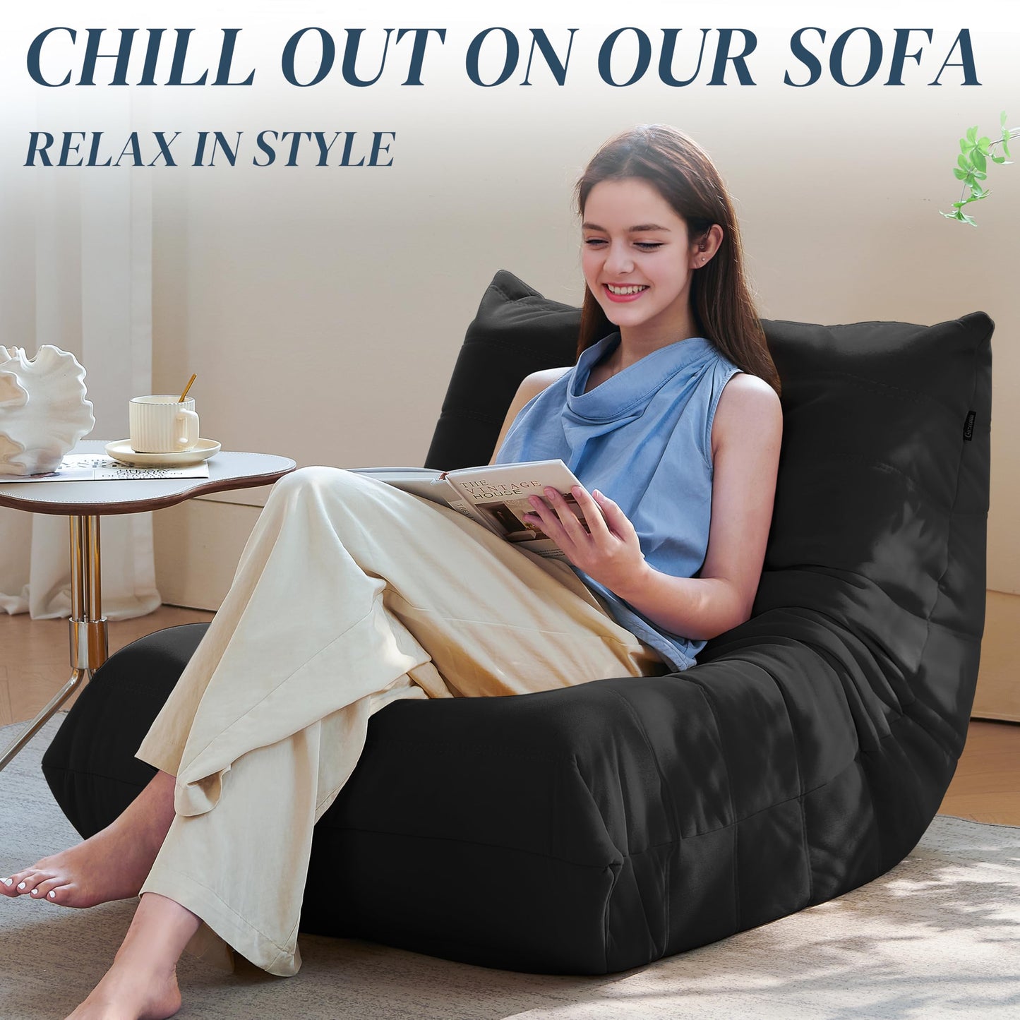 Bean Bag Chair, Fireside Chair Bean Bag Sofa for Adults, Bean Bag Chairs for Teens with High-Resilience Foam, Memory Foam & Non-Slip Base Bean Bag for Living Room, Bedroom, Office (Suede, Black)