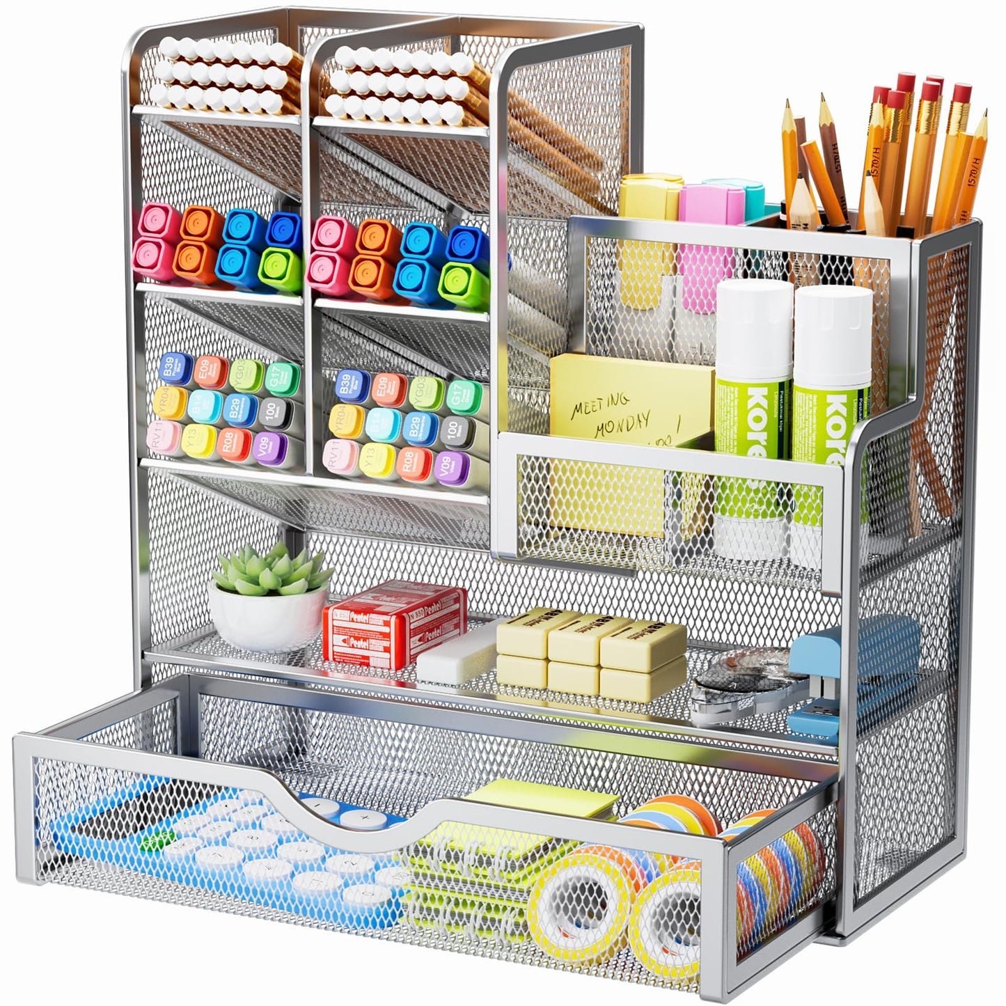 Marbrasse Mesh Pen Holder for Desk, Pen Organizer with Drawer, Multi-Functional Pencil Organizer, Desk Organizers and Accessories for Office Art Supplies (Silver)