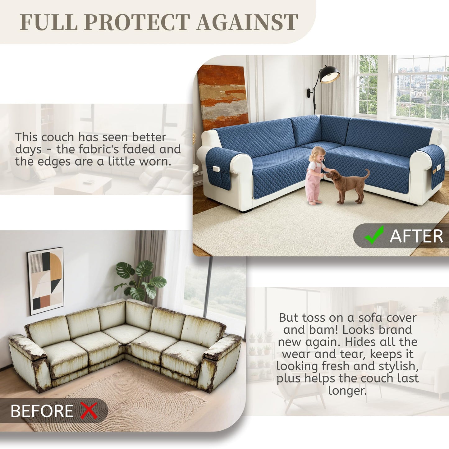 SYJOVIA Sectional Couch Covers for Dogs 100% Waterproof Corner L Shaped Sofa Cover Pet Friendly Velvet Washable Anti Slip L Shape Modular Sofa Slipcover Protector with Pockets (Blue, XX-Large)
