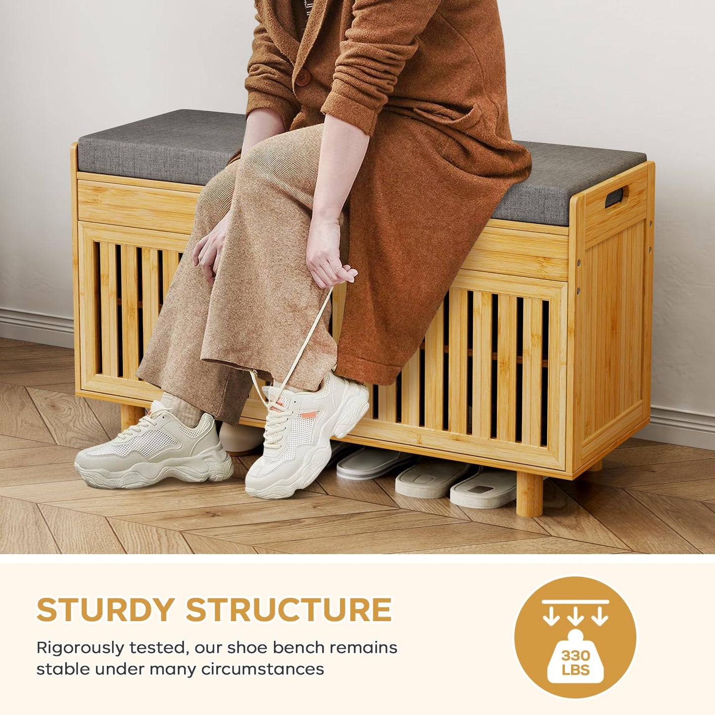 oakvivo Bamboo 35.4in Shoe Storage Bench with Lift Top Storage & Padded Seat Cushion, 2-Tier Shoe Rack Cabinet with 2 Doors for Entryway, Living Room, Bedroom, Mudroom, Natural